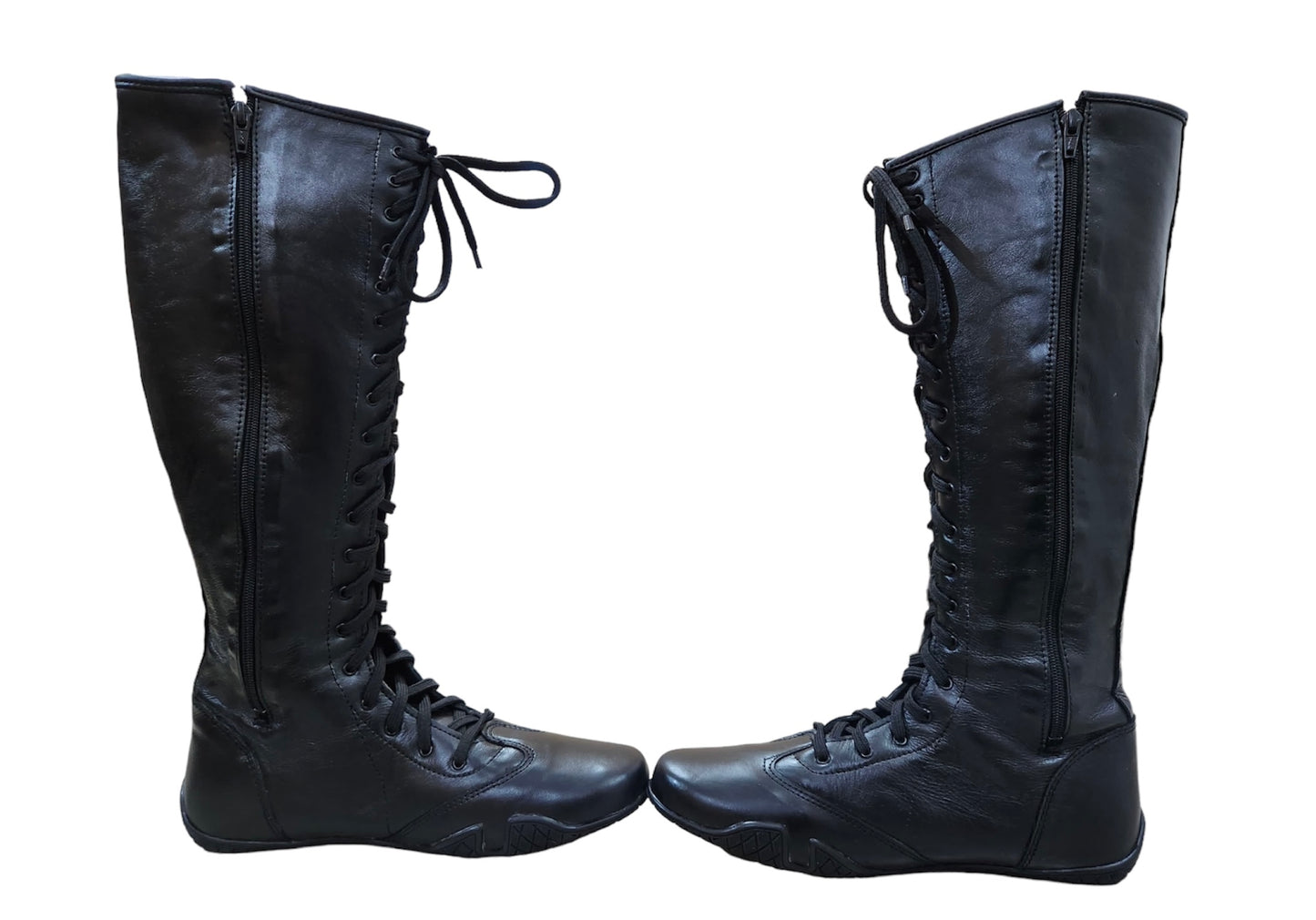 Pro Wrestling Boots, Flat Sole, Handmade, ZIPPER & Lace-up style, 100% Original Leather, Black Color, Customizable