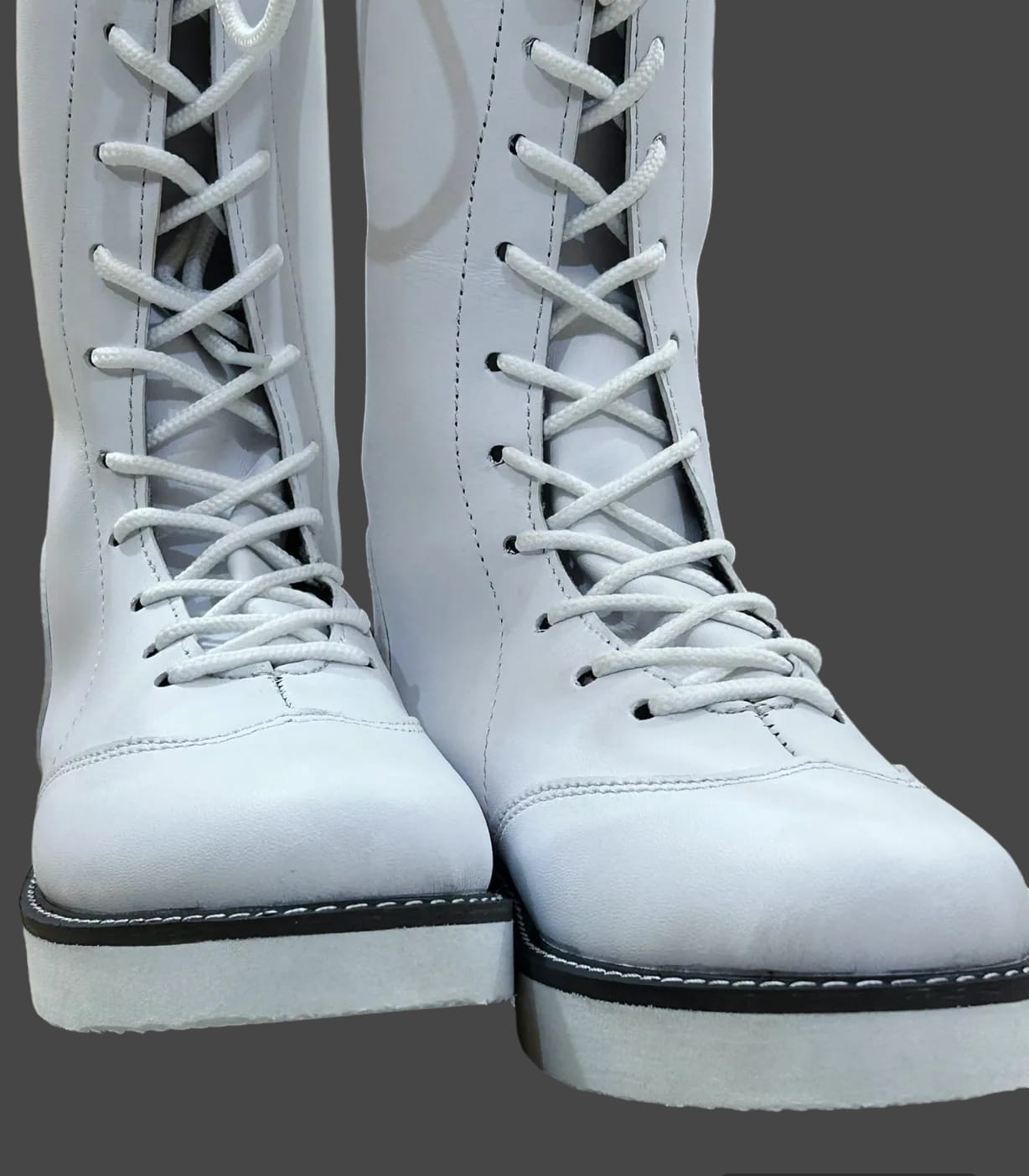 Pro Wrestling Long White Boots, Handmade, 100% Original Leather, Lace-up style, Customizable