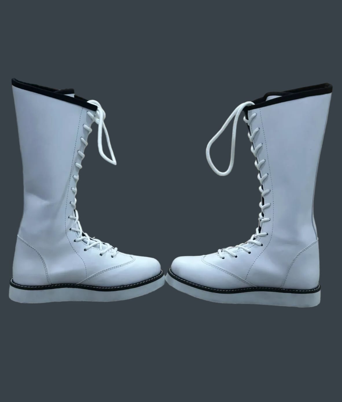 Pro Wrestling Long White Boots, Handmade, 100% Original Leather, Lace-up style, Customizable