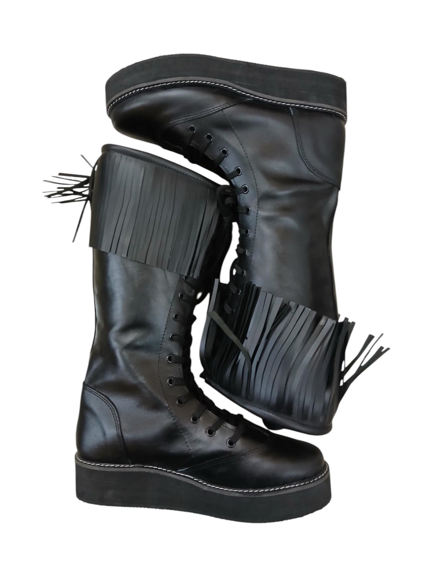 Wrestling Boots with Leather Fringes , Handmade, 100% Original Leather, Black Color