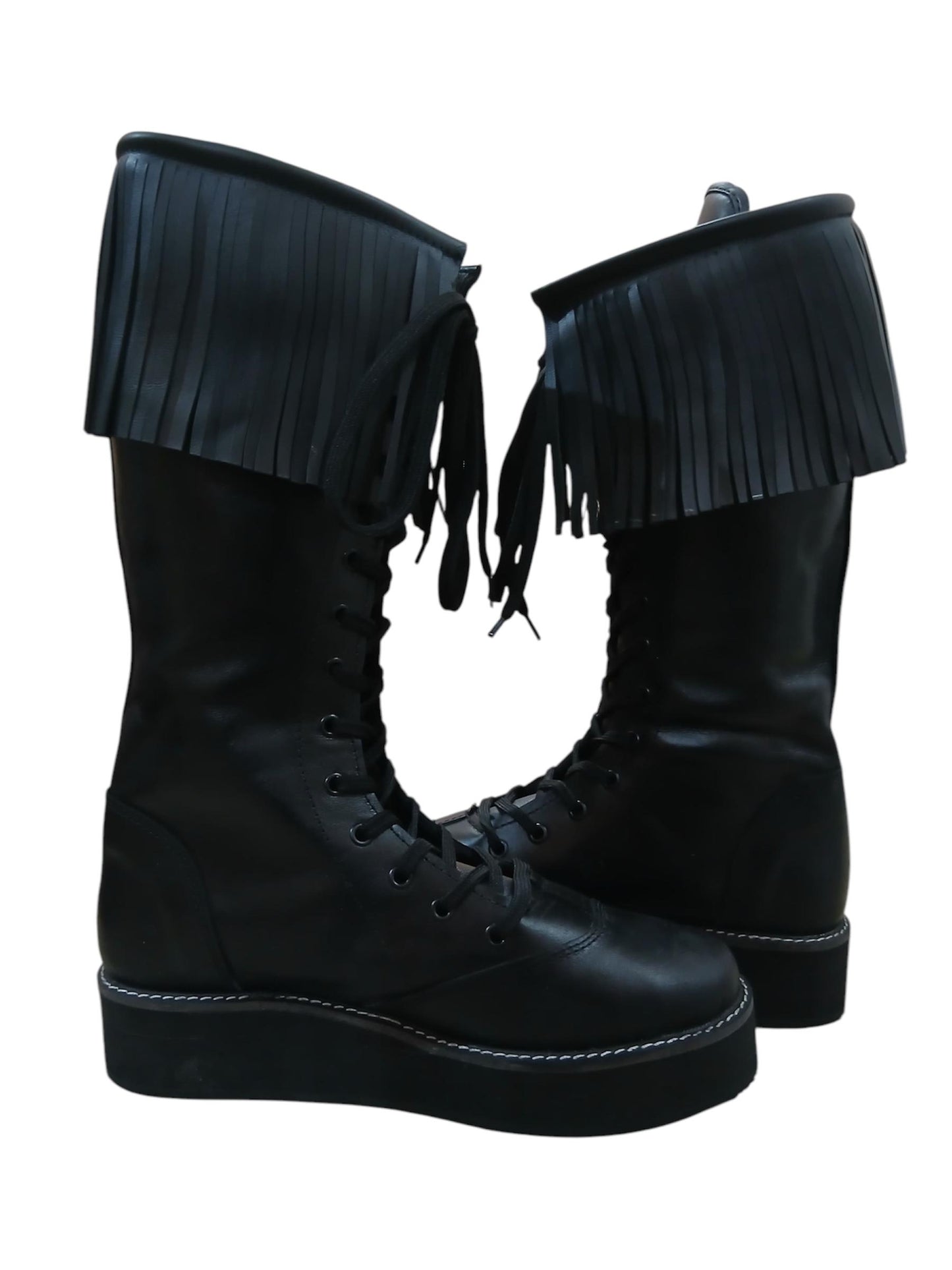 Wrestling Boots with Leather Fringes , Handmade, 100% Original Leather, Black Color