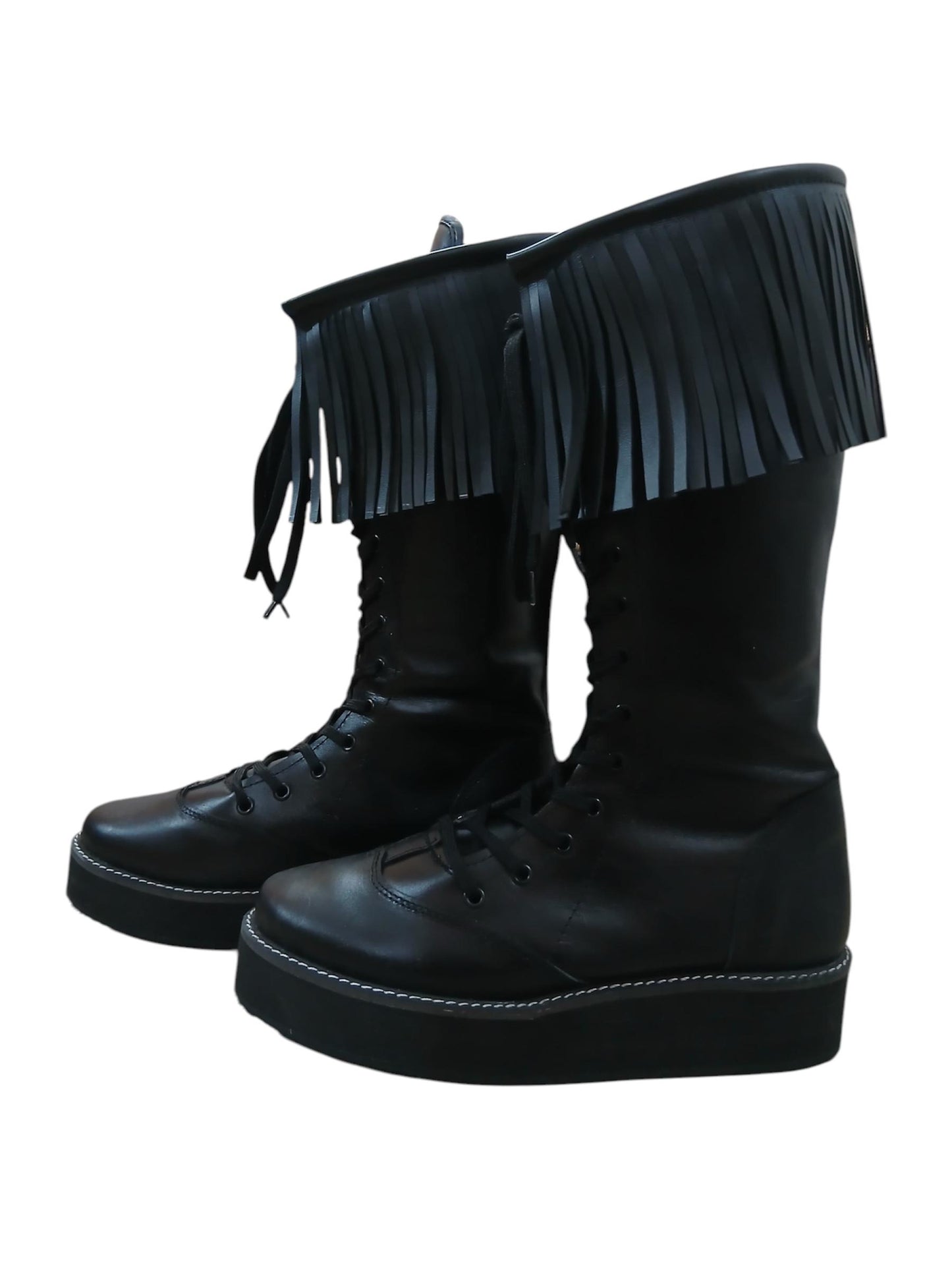 Wrestling Boots with Leather Fringes , Handmade, 100% Original Leather, Black Color