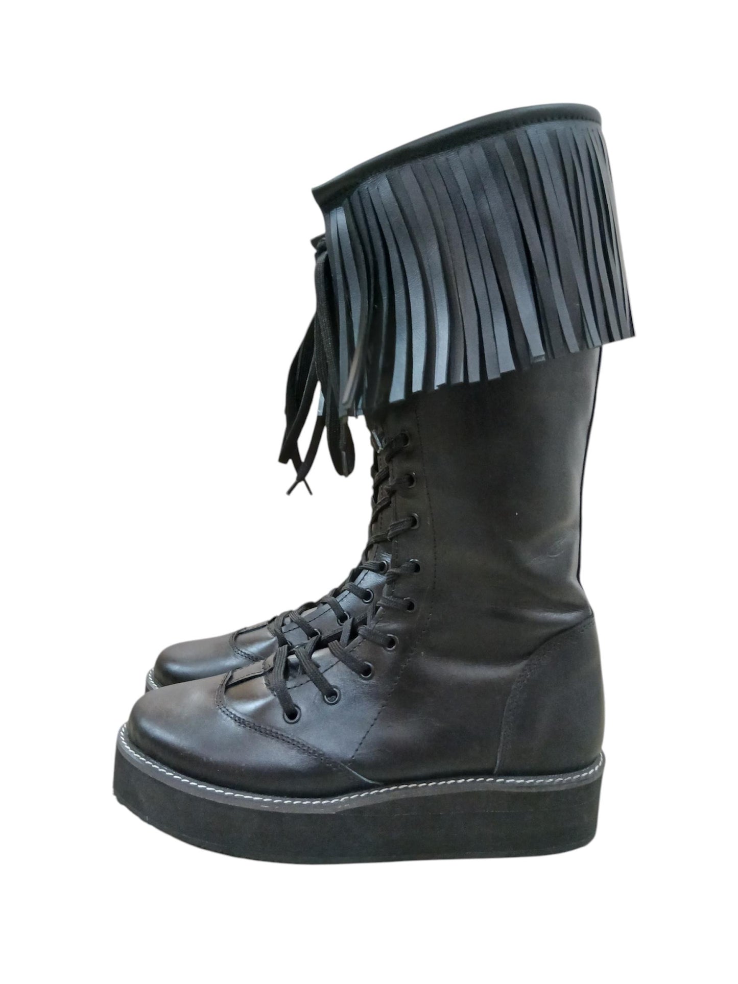 Wrestling Boots with Leather Fringes , Handmade, 100% Original Leather, Black Color