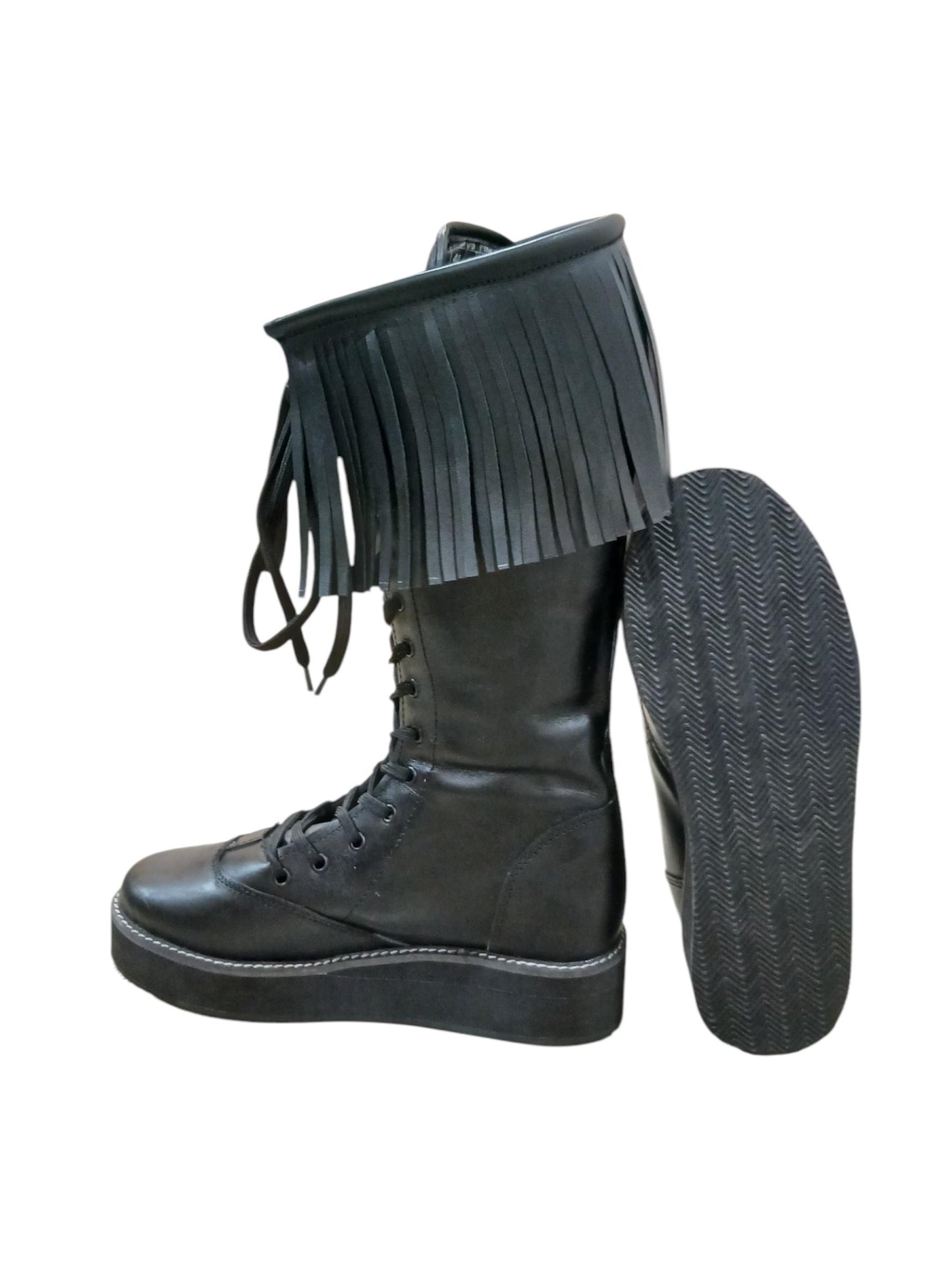 Wrestling Boots with Leather Fringes , Handmade, 100% Original Leather, Black Color