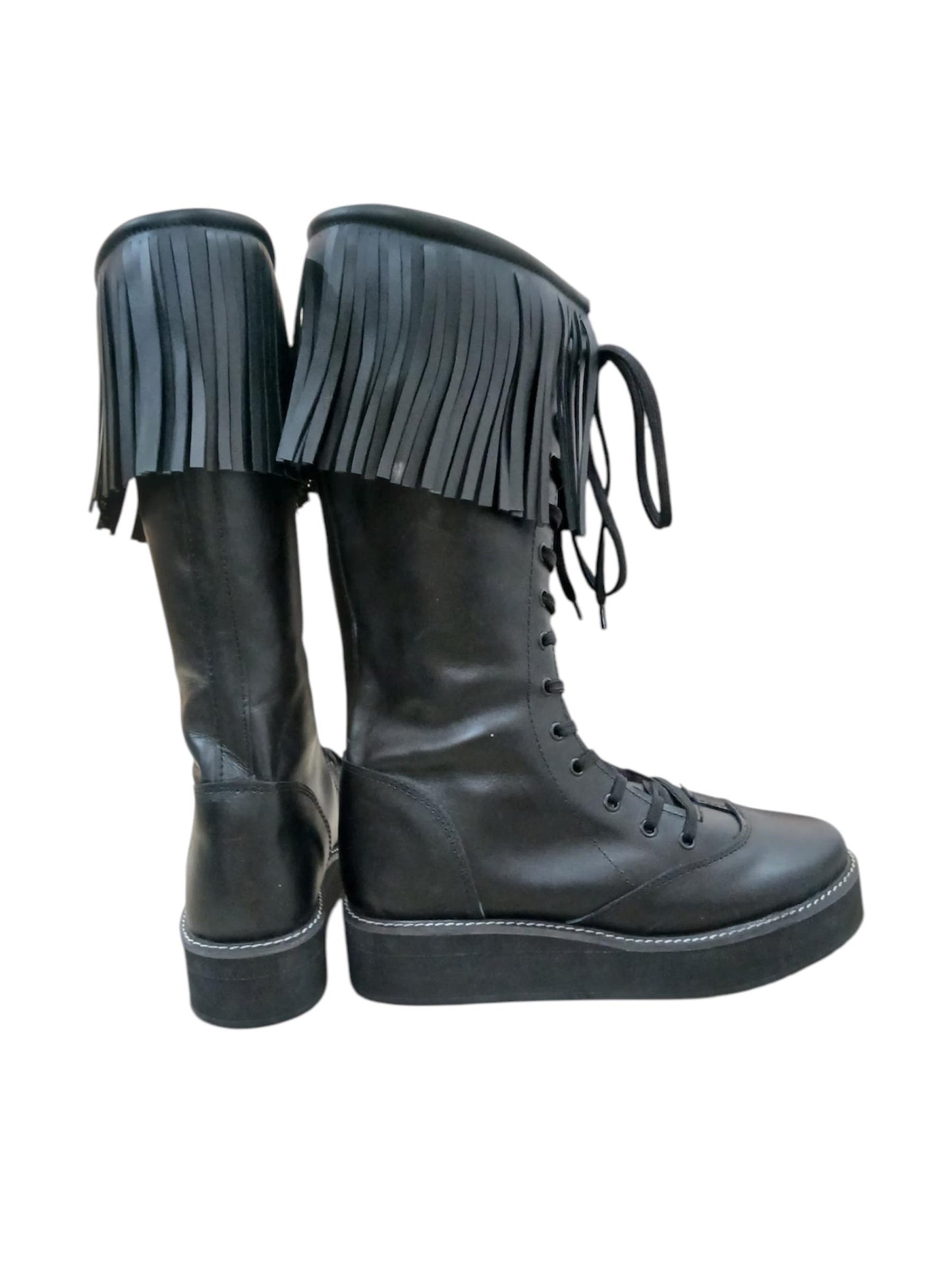 Wrestling Boots with Leather Fringes , Handmade, 100% Original Leather, Black Color