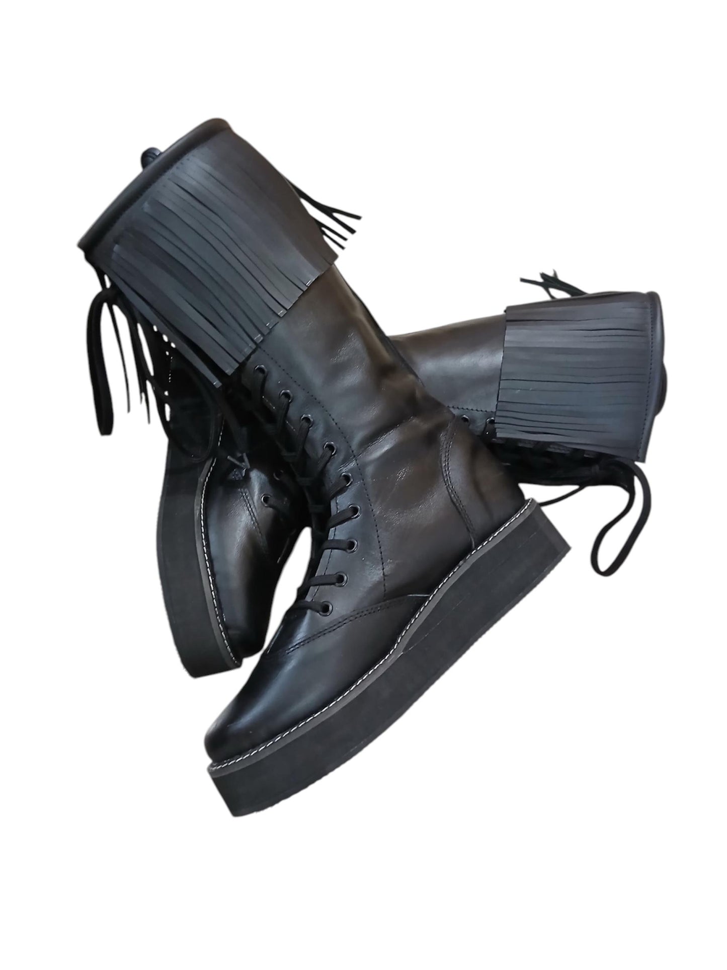 Wrestling Boots with Leather Fringes , Handmade, 100% Original Leather, Black Color