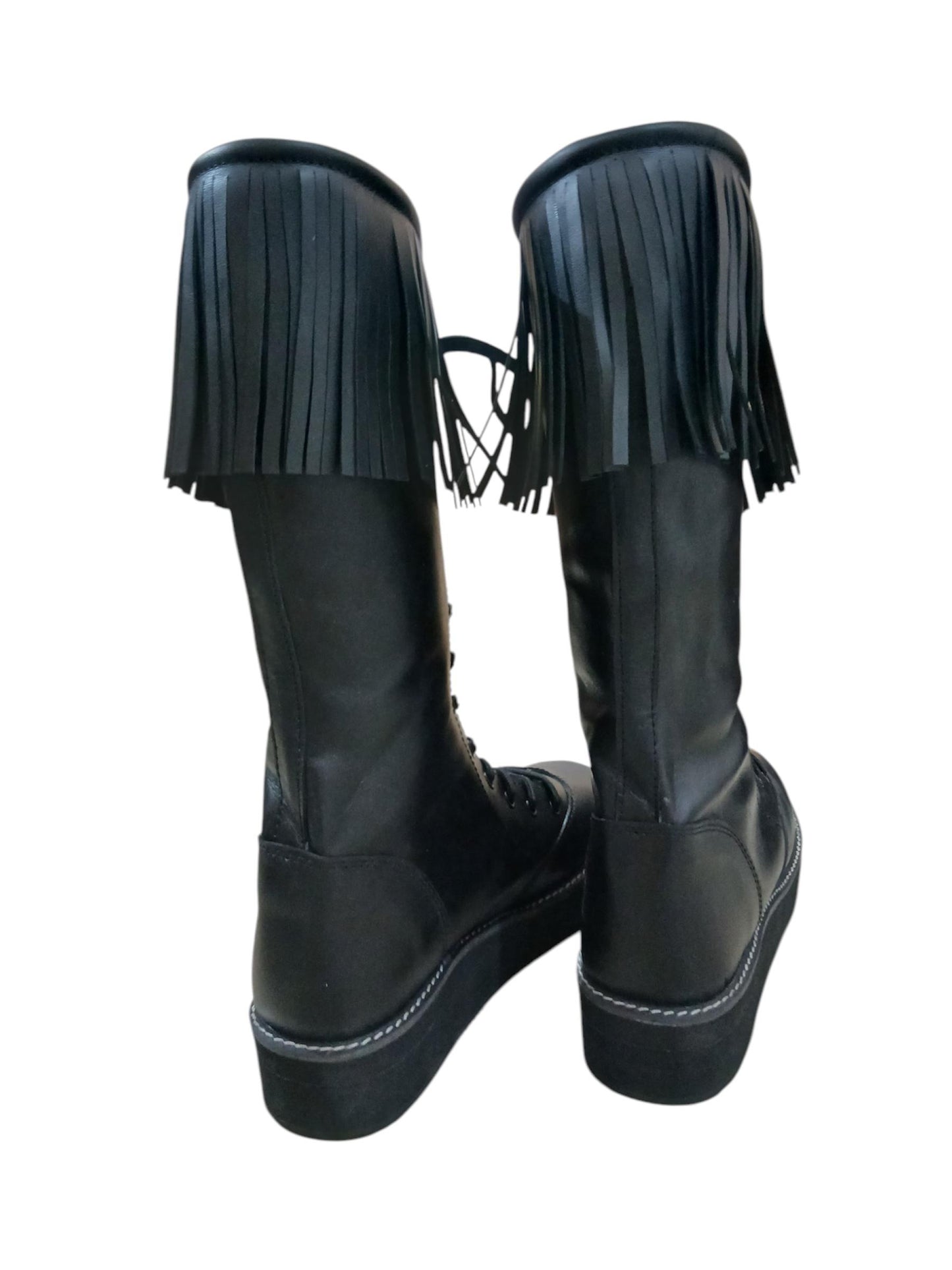 Wrestling Boots with Leather Fringes , Handmade, 100% Original Leather, Black Color