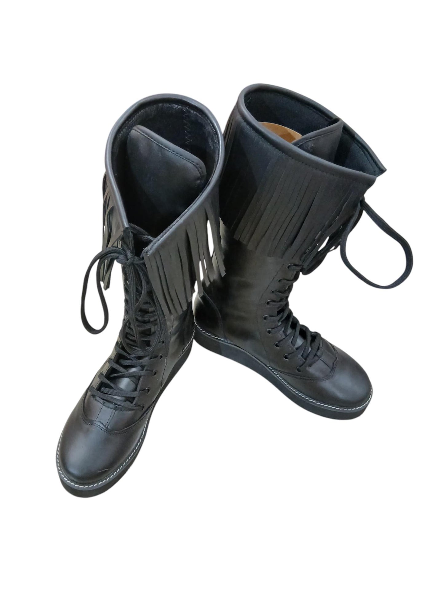 Wrestling Boots with Leather Fringes , Handmade, 100% Original Leather, Black Color