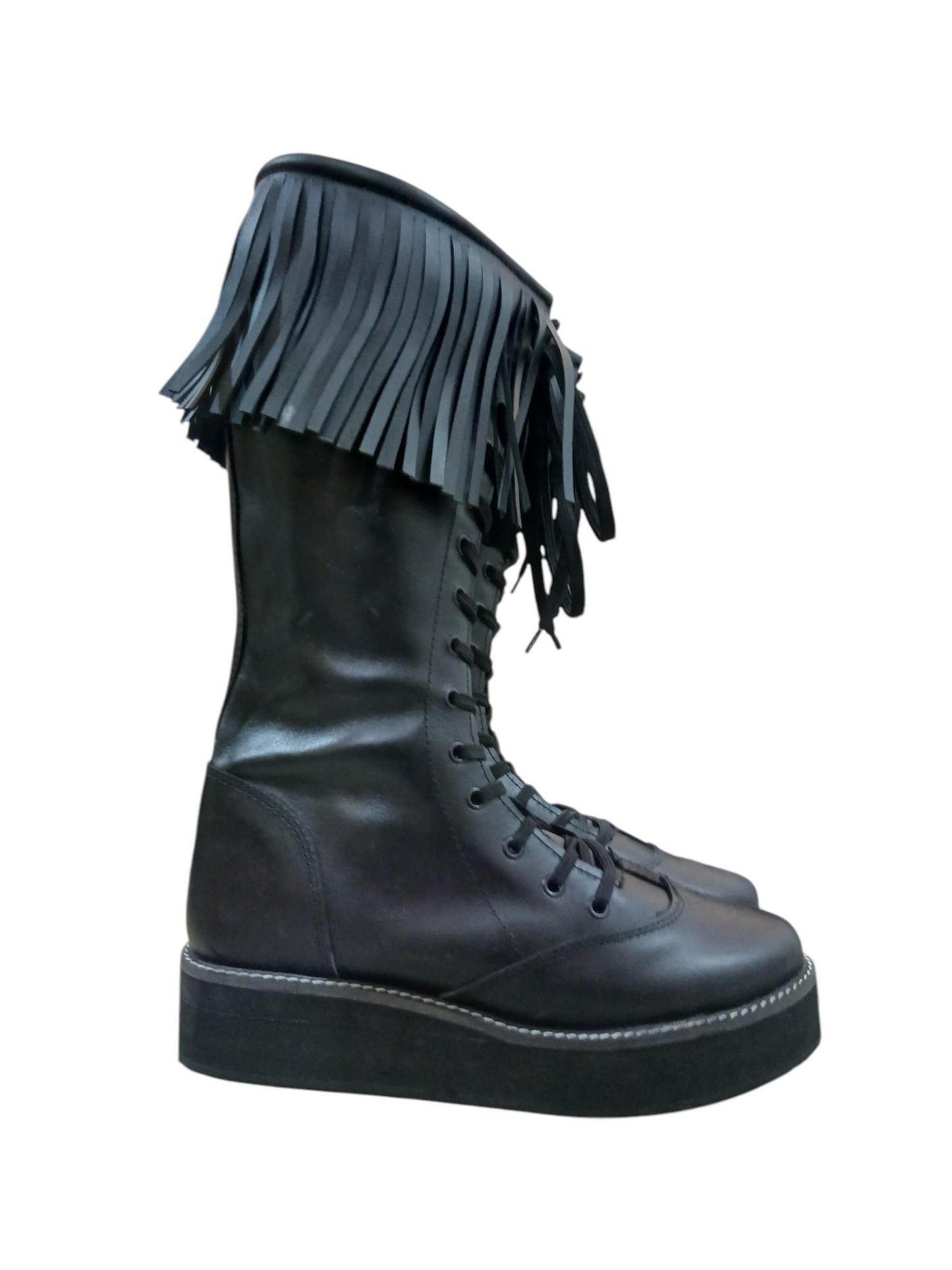 Wrestling Boots with Leather Fringes , Handmade, 100% Original Leather, Black Color