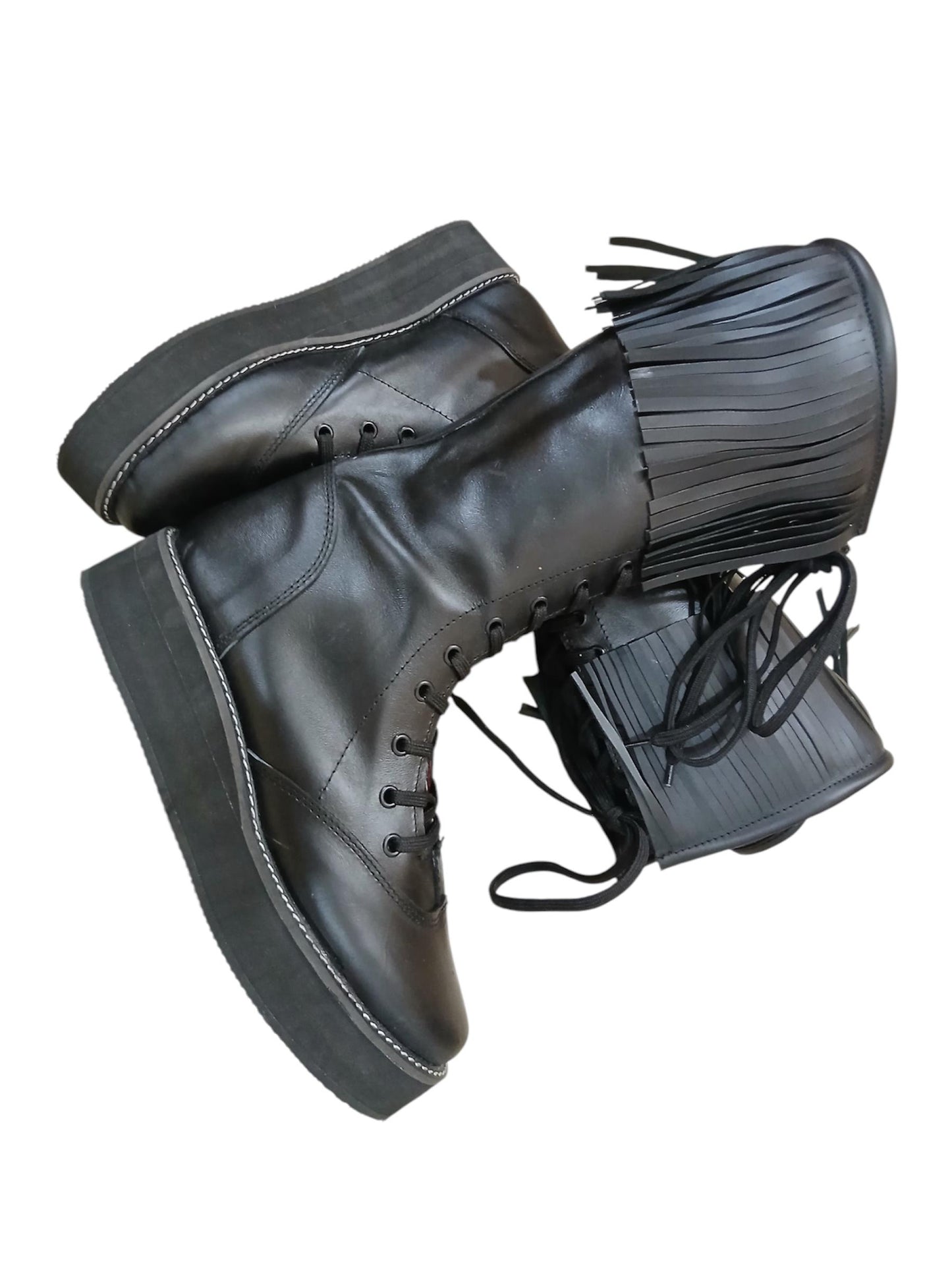 Wrestling Boots with Leather Fringes , Handmade, 100% Original Leather, Black Color