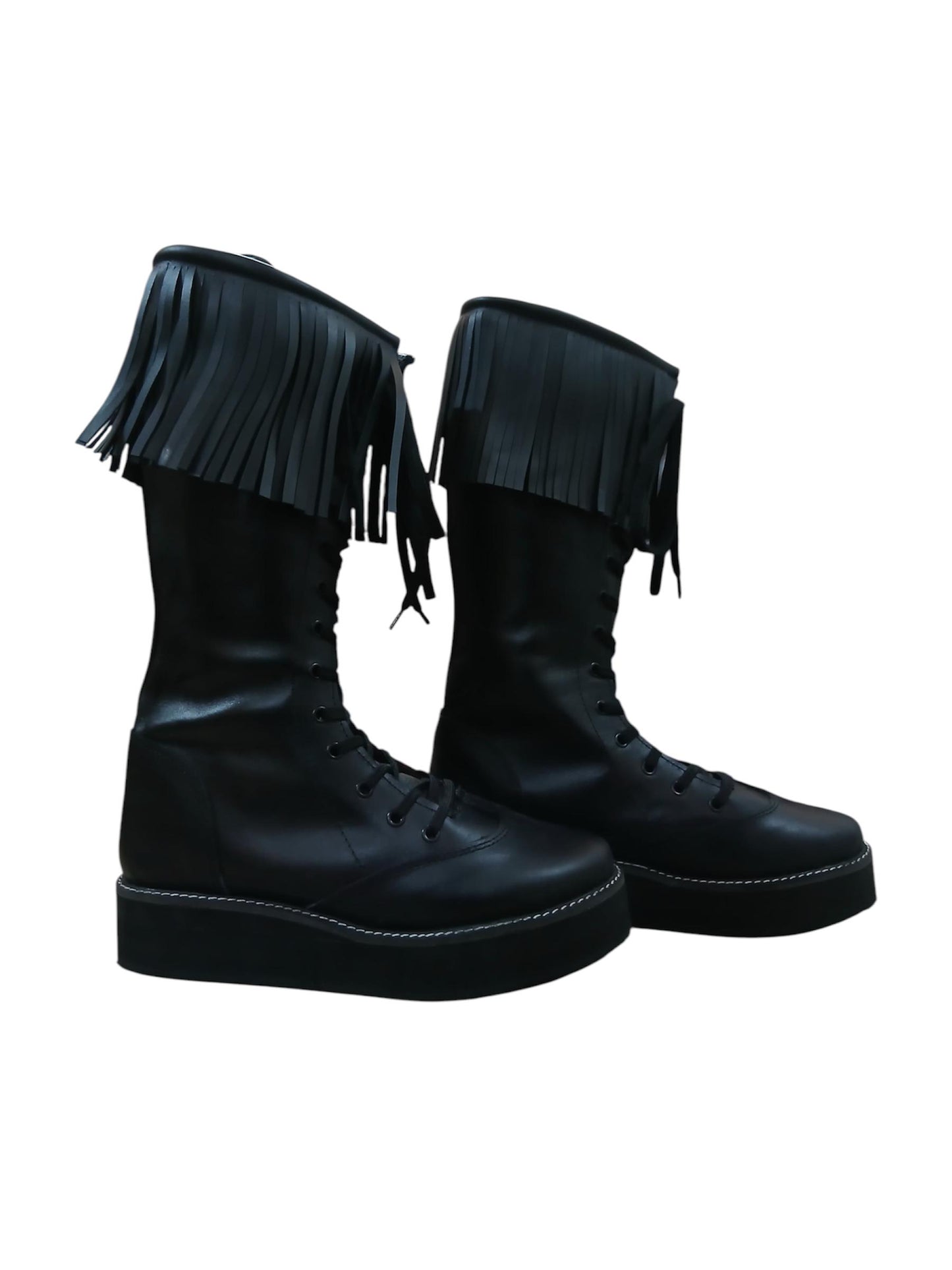 Wrestling Boots with Leather Fringes , Handmade, 100% Original Leather, Black Color