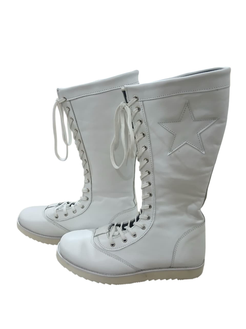 Pro Wrestling White Star Boots, Handmade, 100% Original Leather, Customizable colors