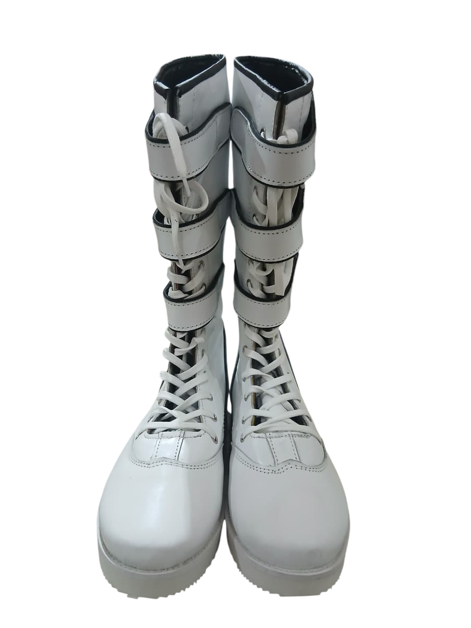 Pro Wrestling White Boots with straps, Handmade, 100% Original Leather