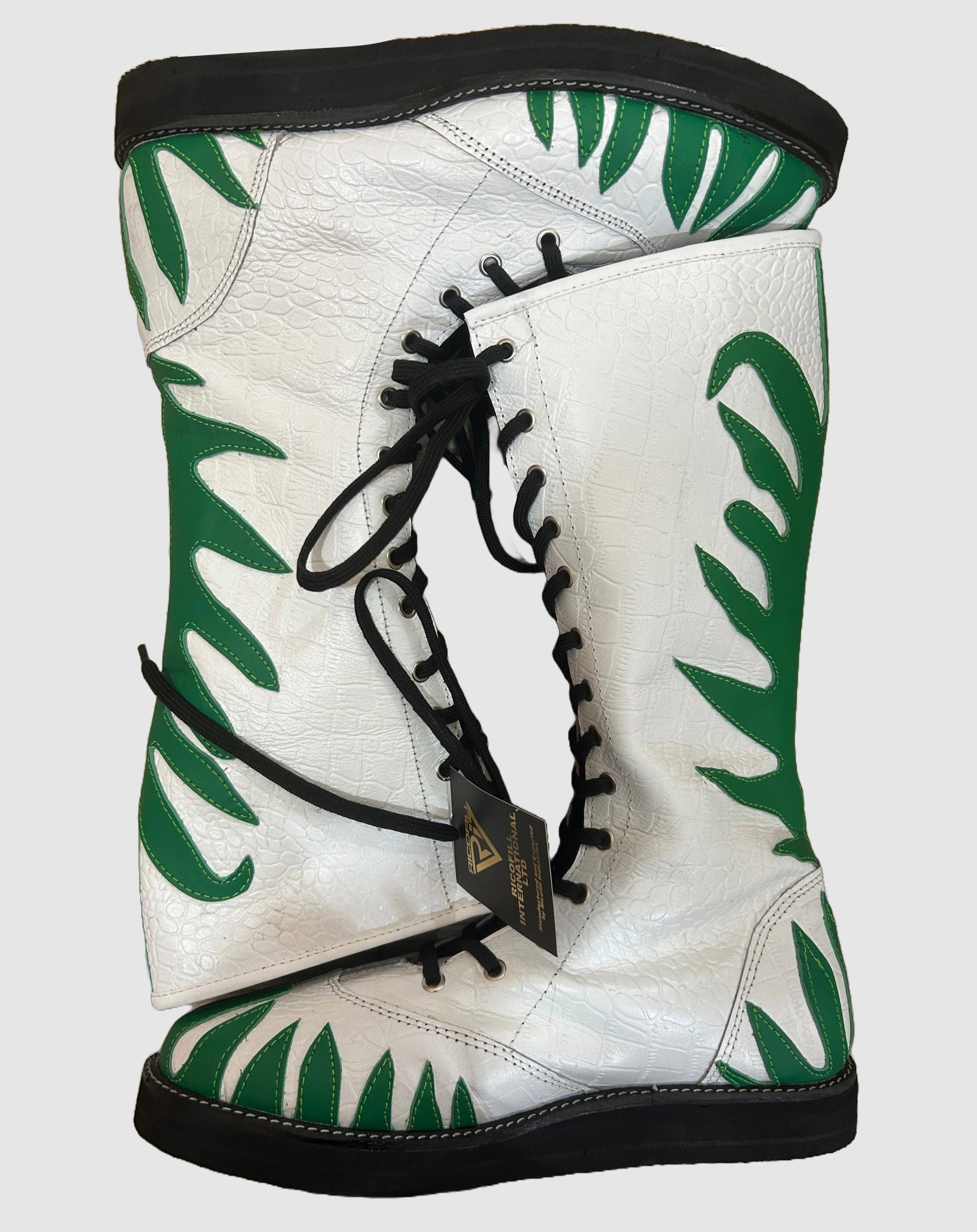 Pro Stoei Skoene, 100% Oorspronklike Leer, Wit kleur met groen vuur