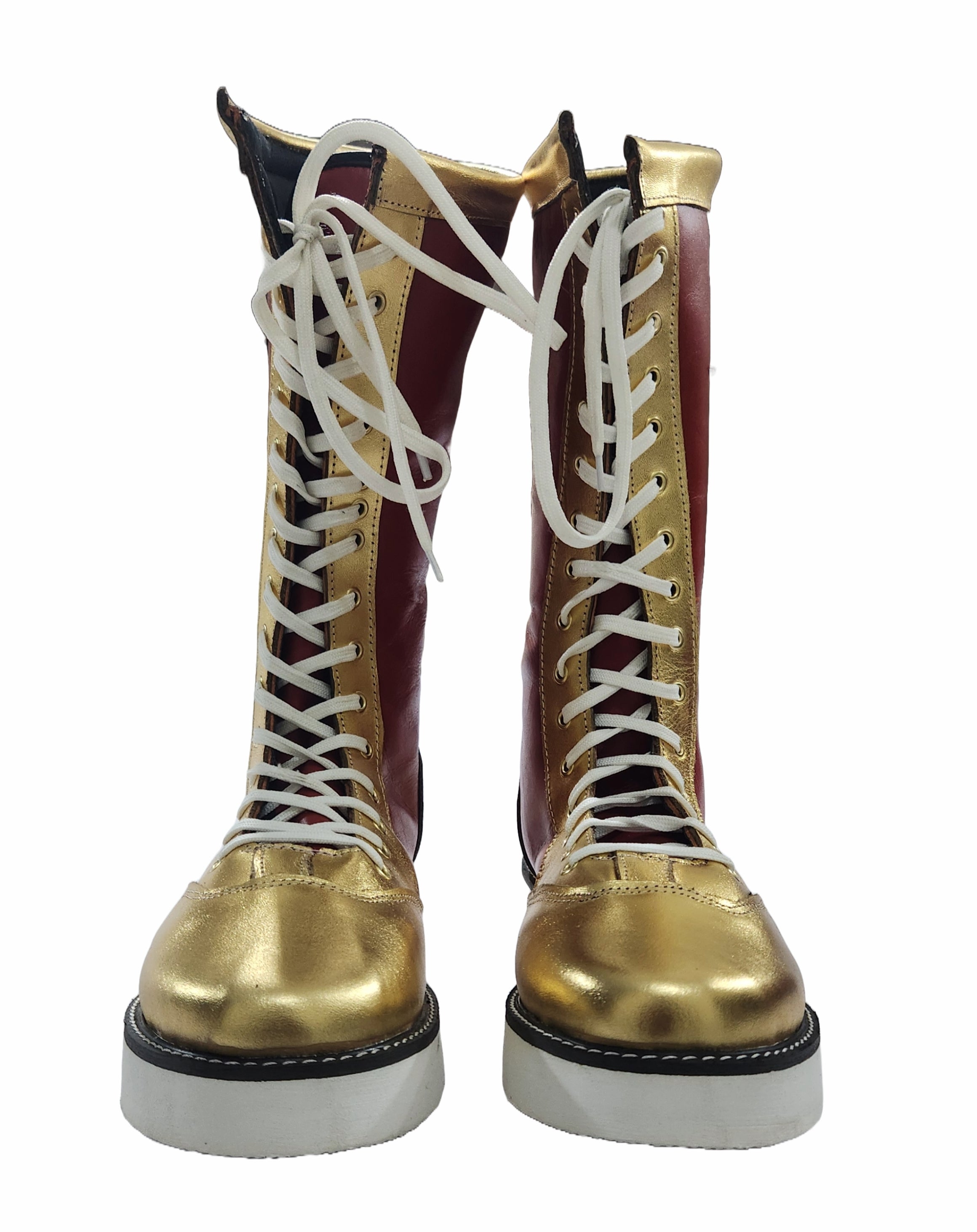 Stoeister-stewels, handgemaak, 100% suiwer leer, maroen en goudkleurig