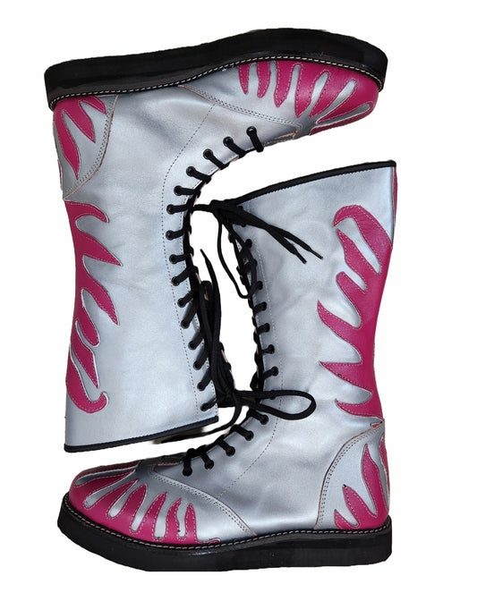 Pro Wrestling Boots, Handmade, 100% Original Leather , Bright Pink Fire Style, Customizable colors
