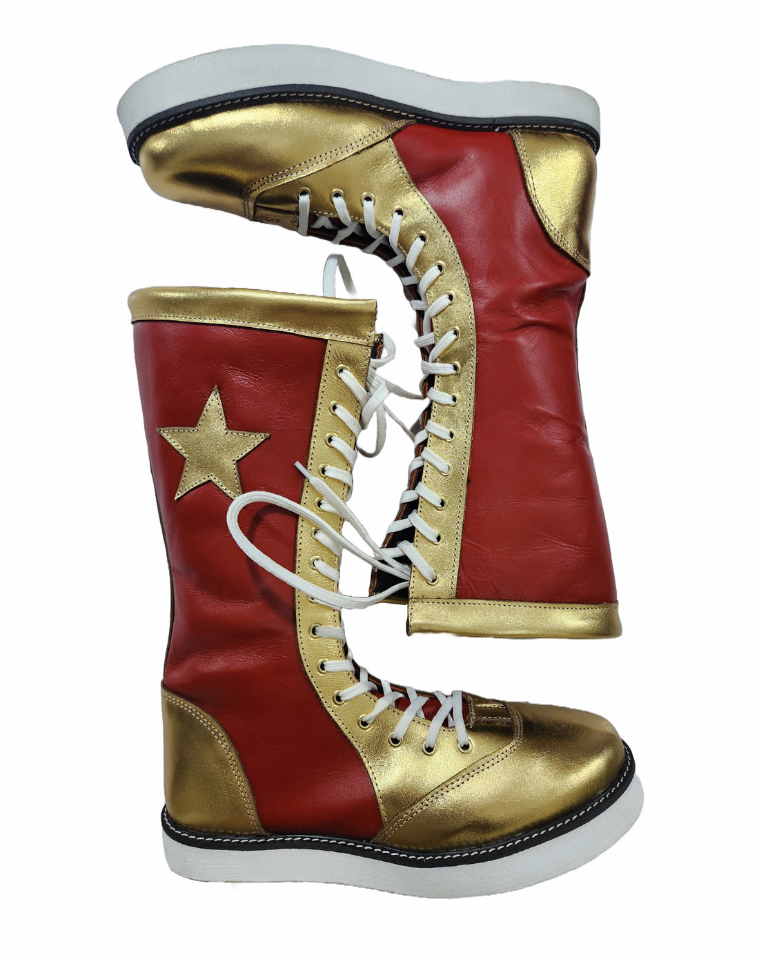 Stoeister-stewels, handgemaak, 100% suiwer leer, maroen en goudkleurig