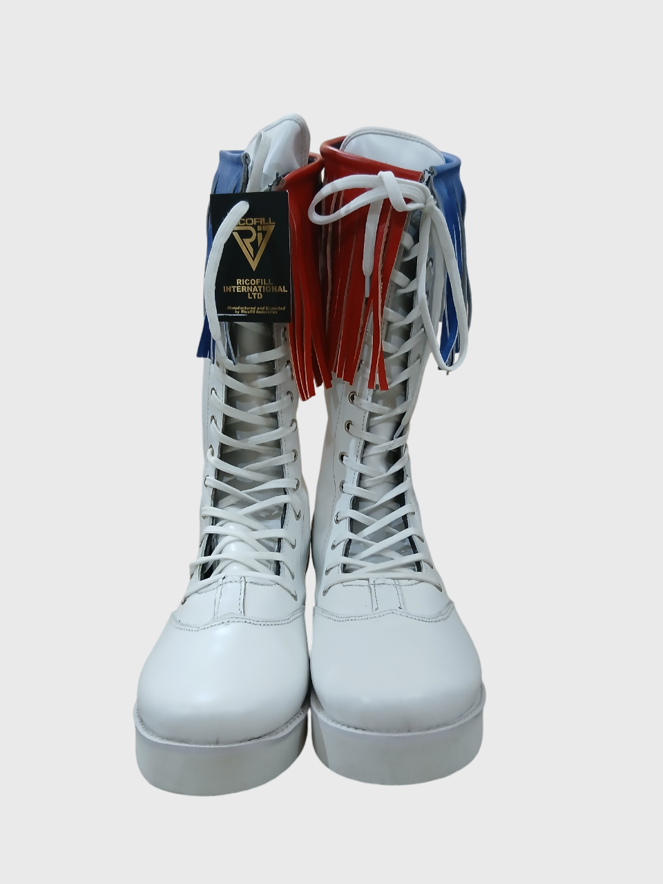 Stoeistewels met gekleurde leerfranje, handgemaak, 100% oorspronklike leer, wit kleur