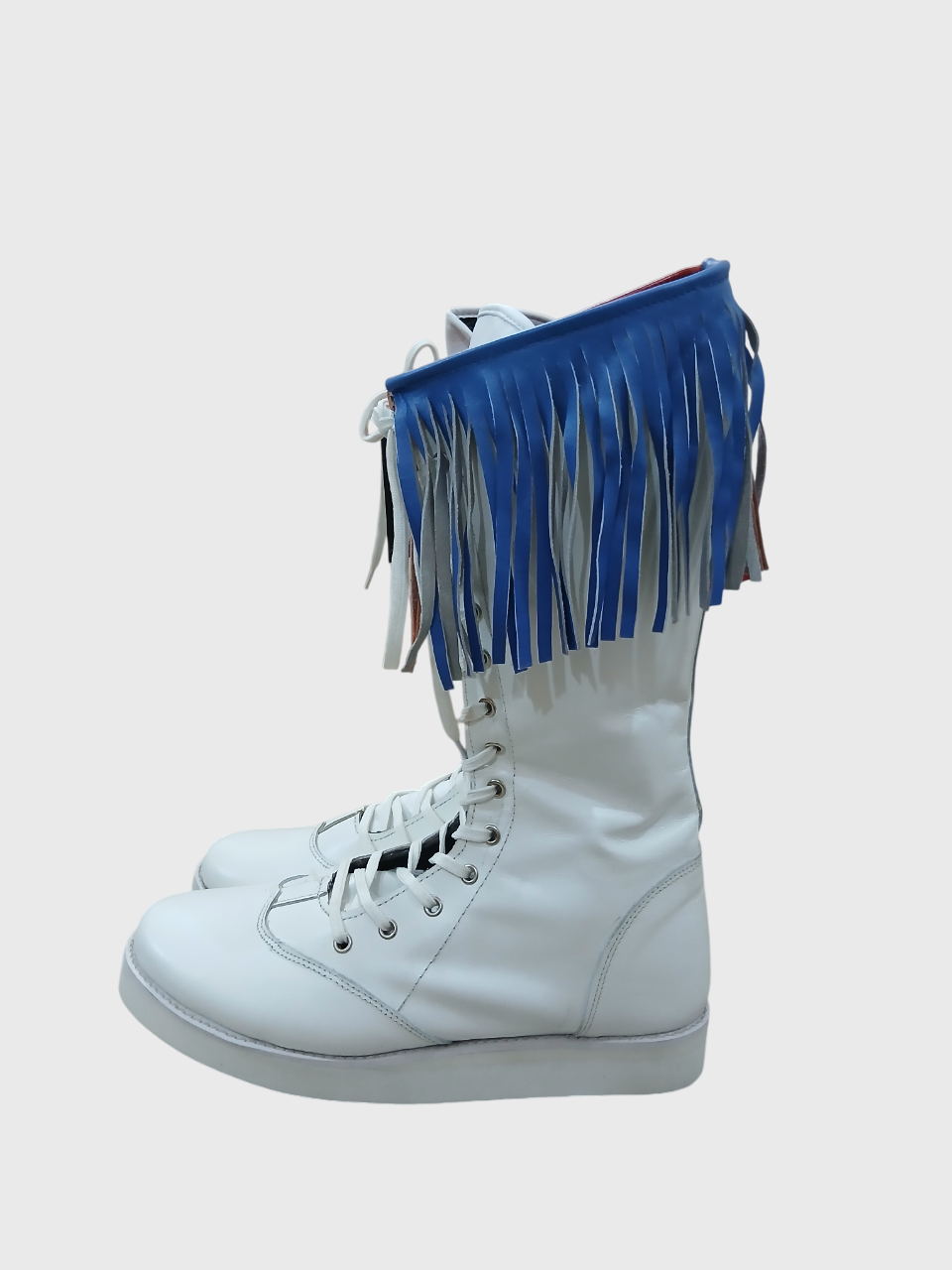 Stoeistewels met gekleurde leerfranje, handgemaak, 100% oorspronklike leer, wit kleur