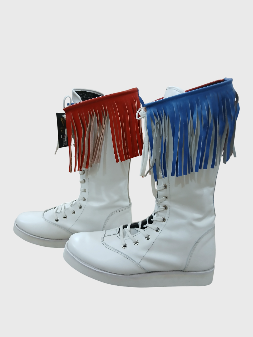 Stoeistewels met gekleurde leerfranje, handgemaak, 100% oorspronklike leer, wit kleur