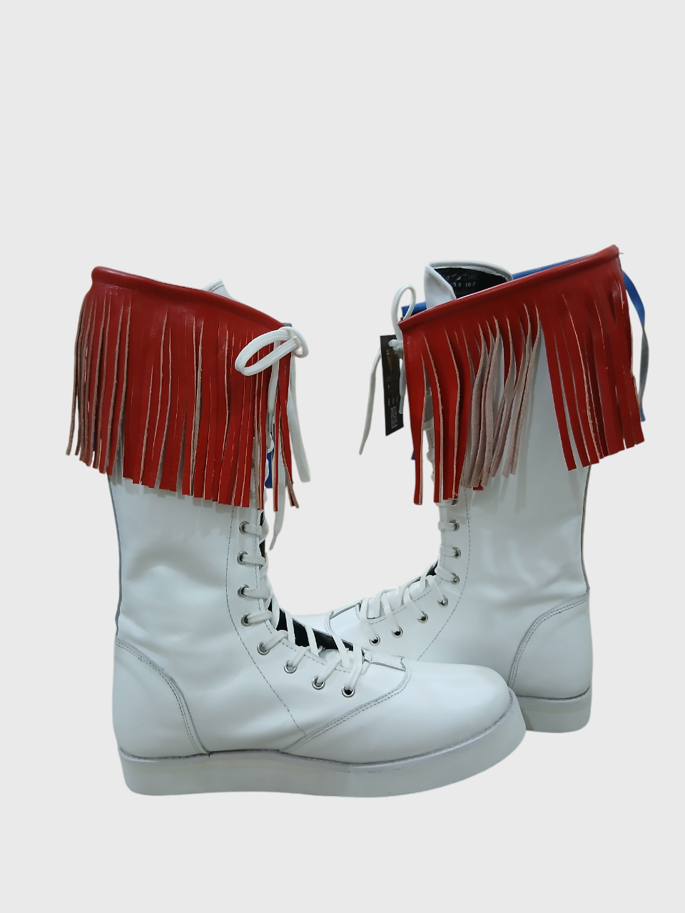 Stoeistewels met gekleurde leerfranje, handgemaak, 100% oorspronklike leer, wit kleur