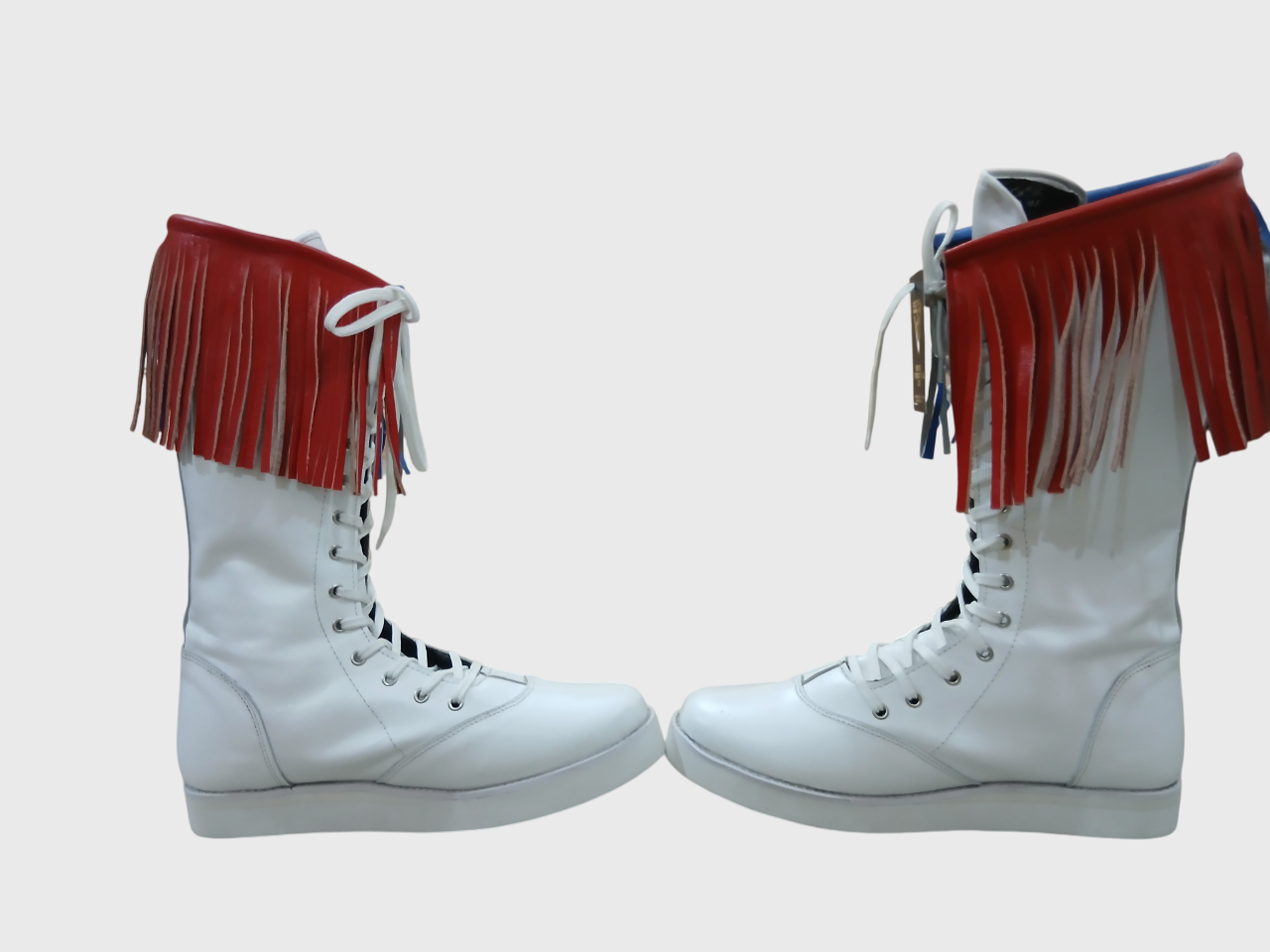 Stoeistewels met gekleurde leerfranje, handgemaak, 100% oorspronklike leer, wit kleur