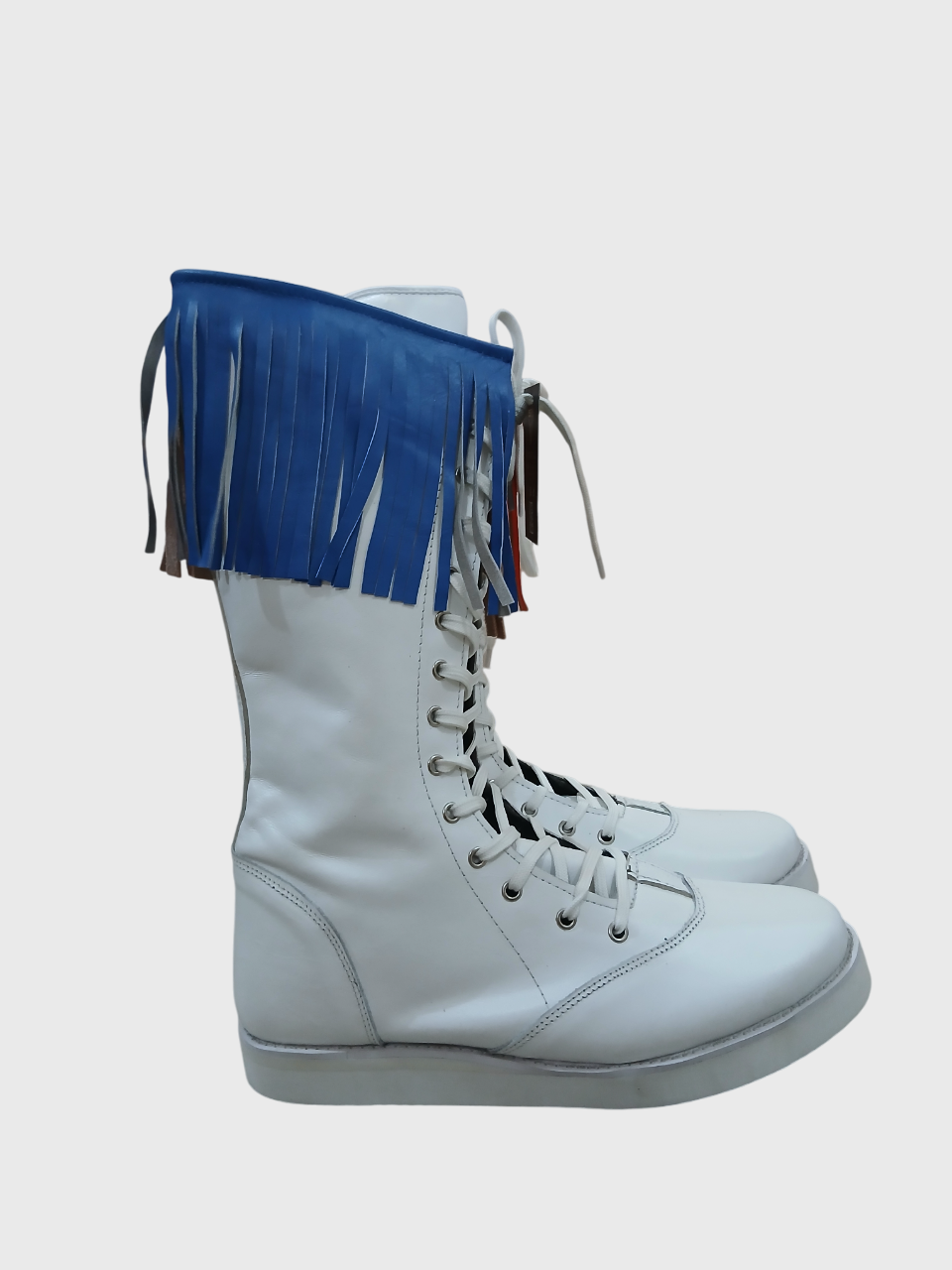 Stoeistewels met gekleurde leerfranje, handgemaak, 100% oorspronklike leer, wit kleur