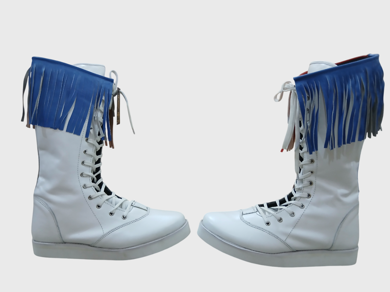 Stoeistewels met gekleurde leerfranje, handgemaak, 100% oorspronklike leer, wit kleur