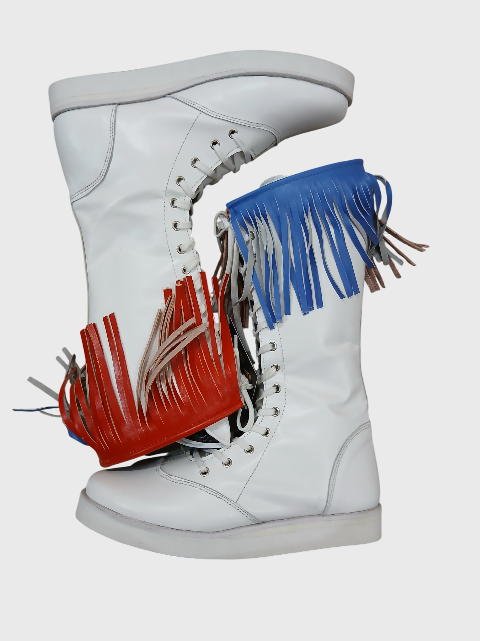 Stoeistewels met gekleurde leerfranje, handgemaak, 100% oorspronklike leer, wit kleur