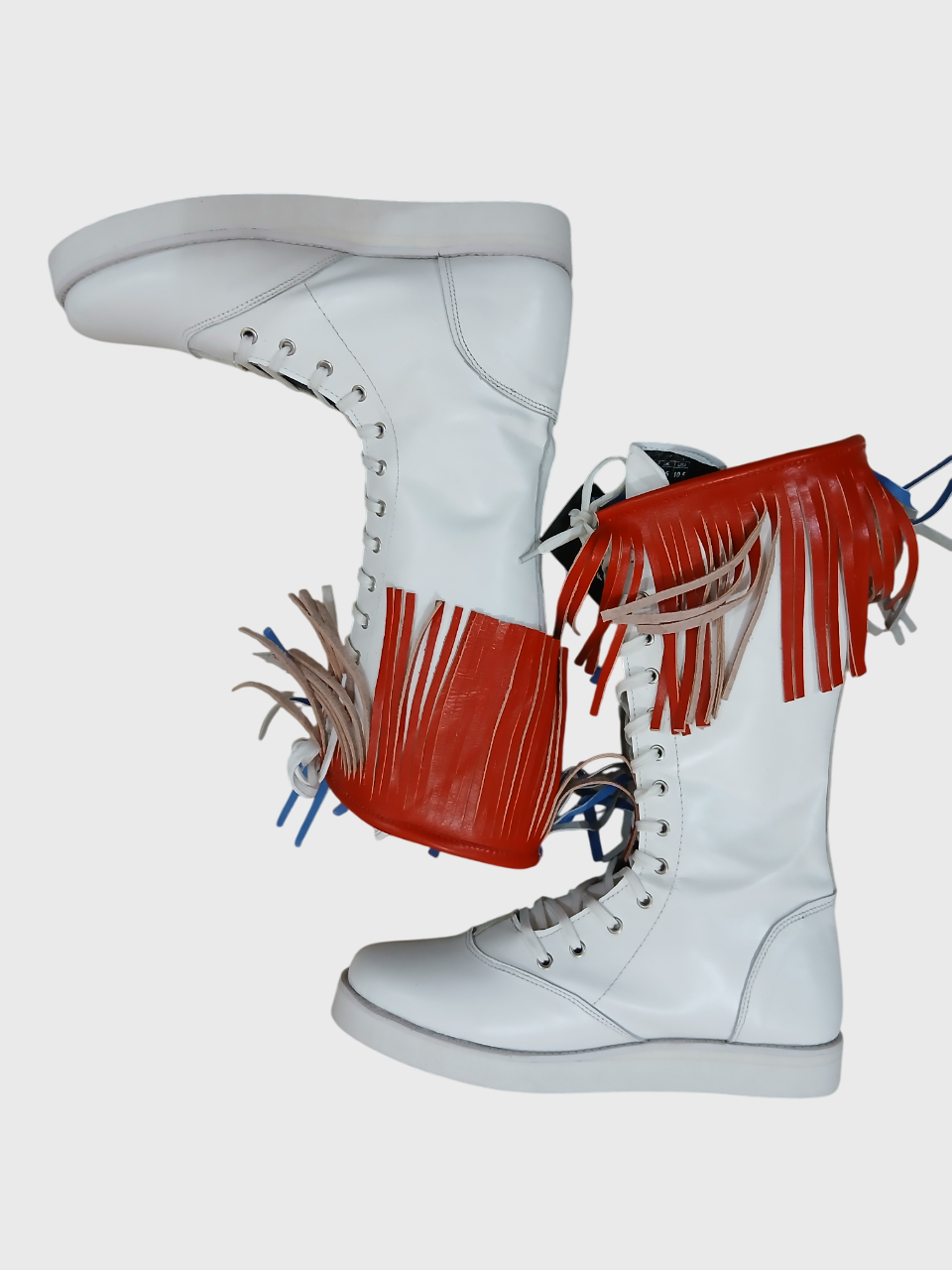 Stoeistewels met gekleurde leerfranje, handgemaak, 100% oorspronklike leer, wit kleur