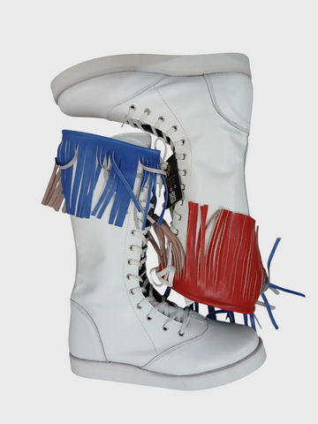 Stoeistewels met gekleurde leerfranje, handgemaak, 100% oorspronklike leer, wit kleur