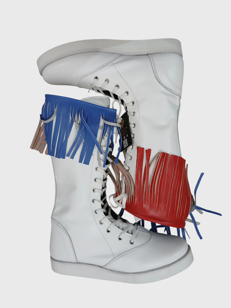 Stoeistewels met gekleurde leerfranje, handgemaak, 100% oorspronklike leer, wit kleur