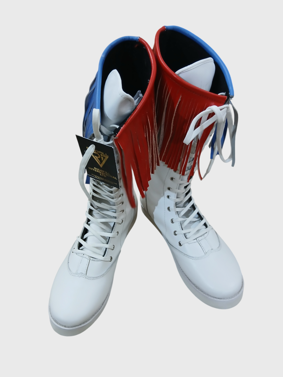 Stoeistewels met gekleurde leerfranje, handgemaak, 100% oorspronklike leer, wit kleur