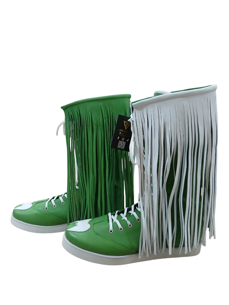 Pro Wrestling Boots with long Leather Fringes , Green, Handmade, 100% Original Leather