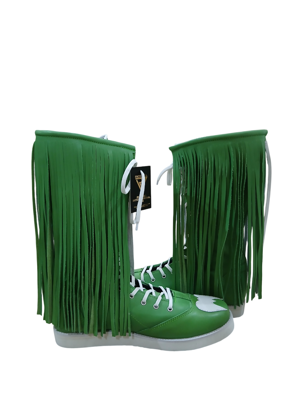 Professionele Stoeistewels met lang Leerfranje, Groen, Handgemaak, 100% Oorspronklike Leer