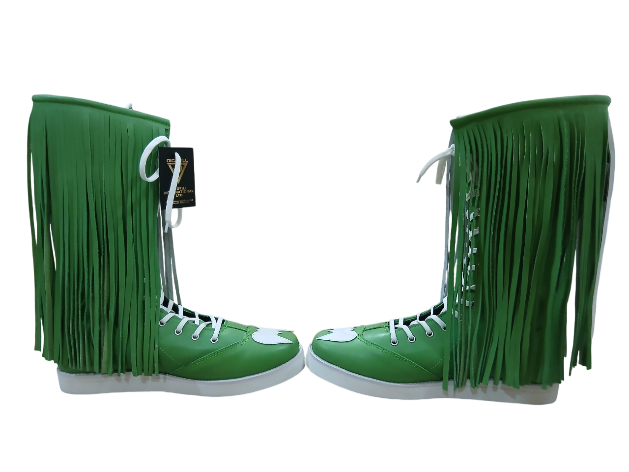 Pro Wrestling Boots with long Leather Fringes , Green, Handmade, 100% Original Leather