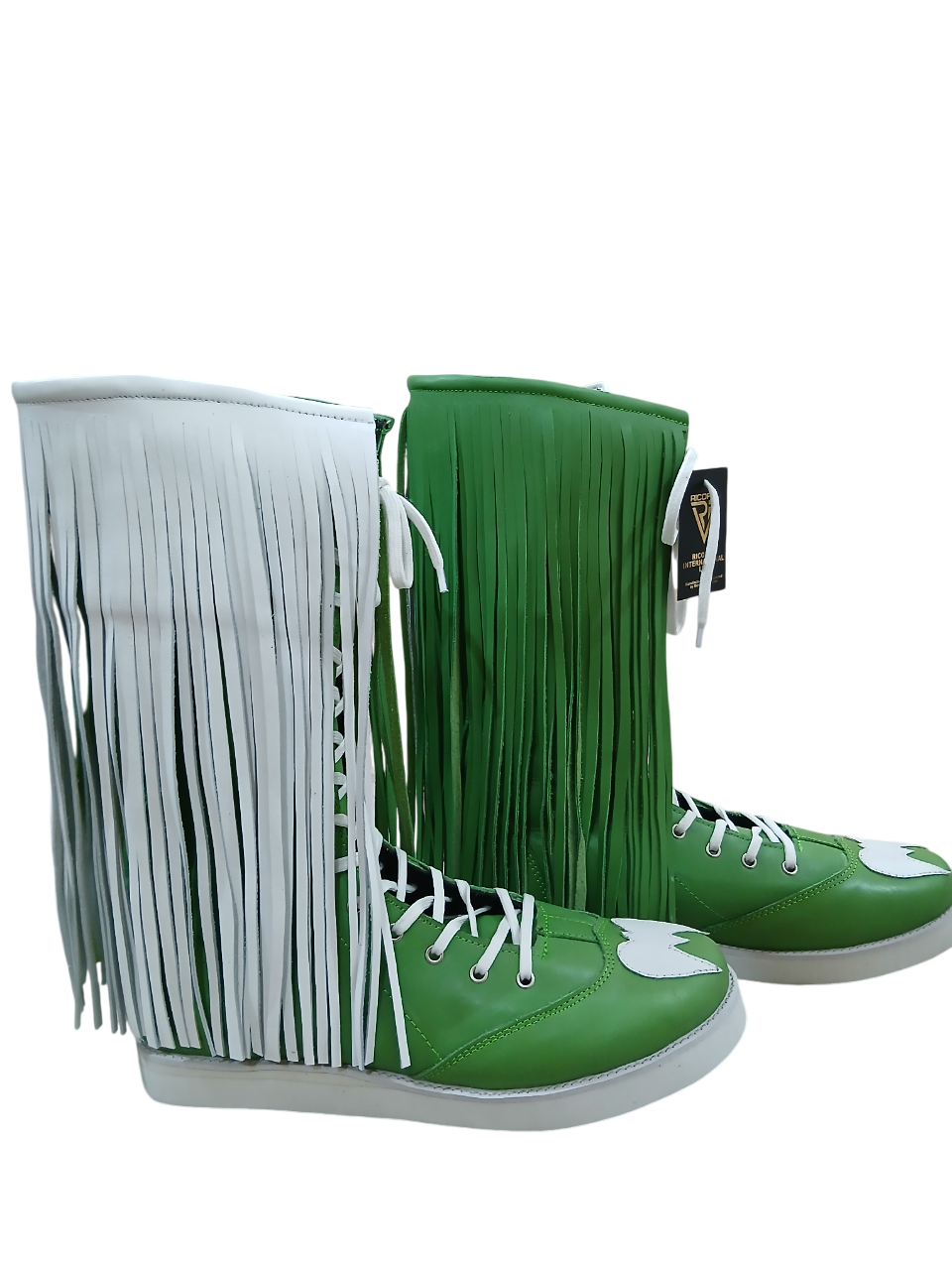 Pro Wrestling Boots with long Leather Fringes , Green, Handmade, 100% Original Leather