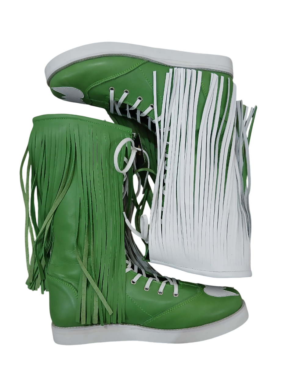 Pro Wrestling Boots with long Leather Fringes , Green, Handmade, 100% Original Leather