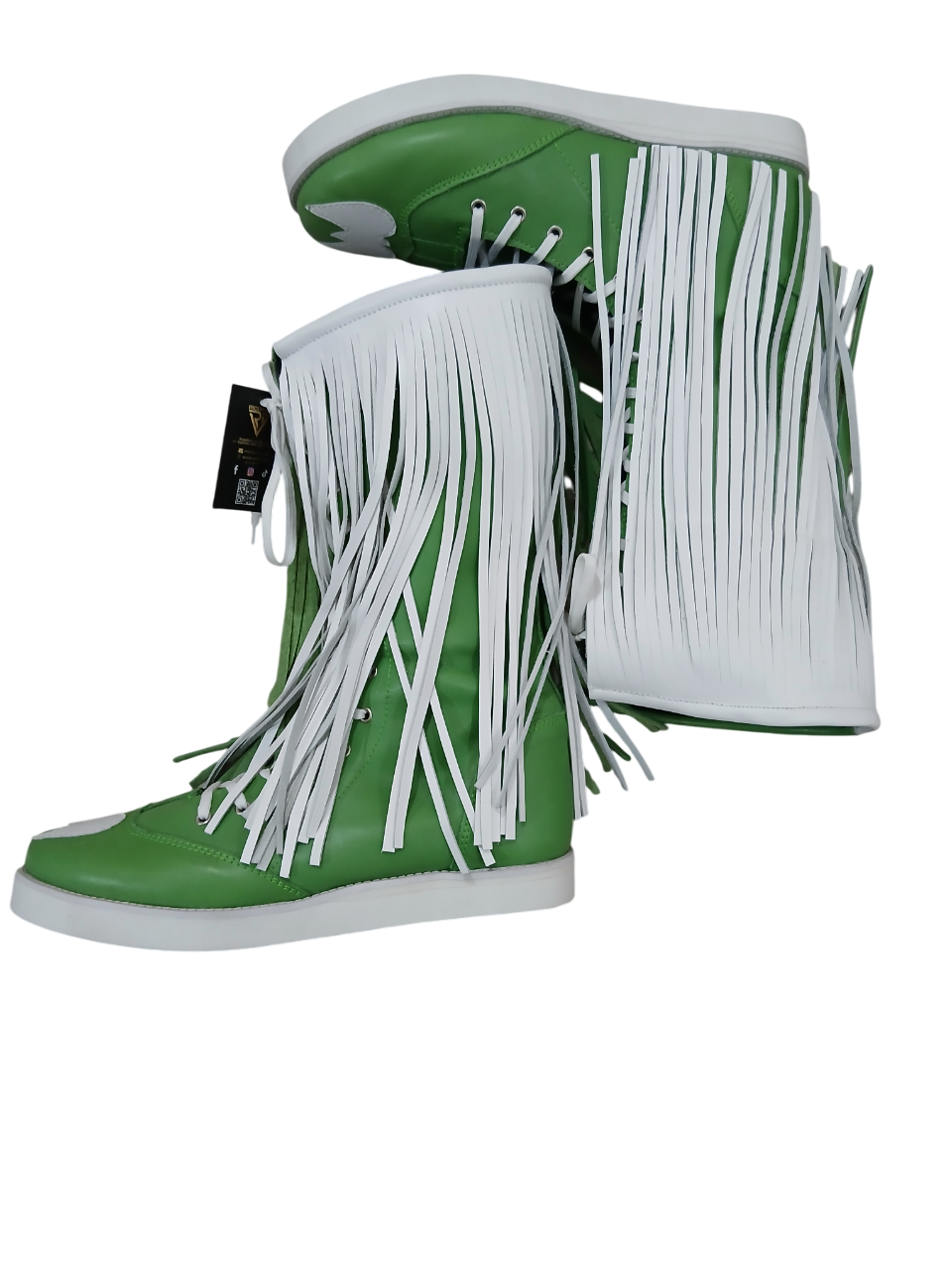 Pro Wrestling Boots with long Leather Fringes , Green, Handmade, 100% Original Leather