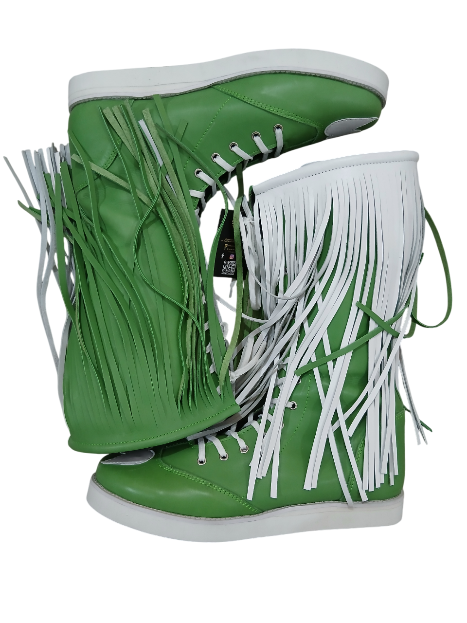 Pro Wrestling Boots with long Leather Fringes , Green, Handmade, 100% Original Leather