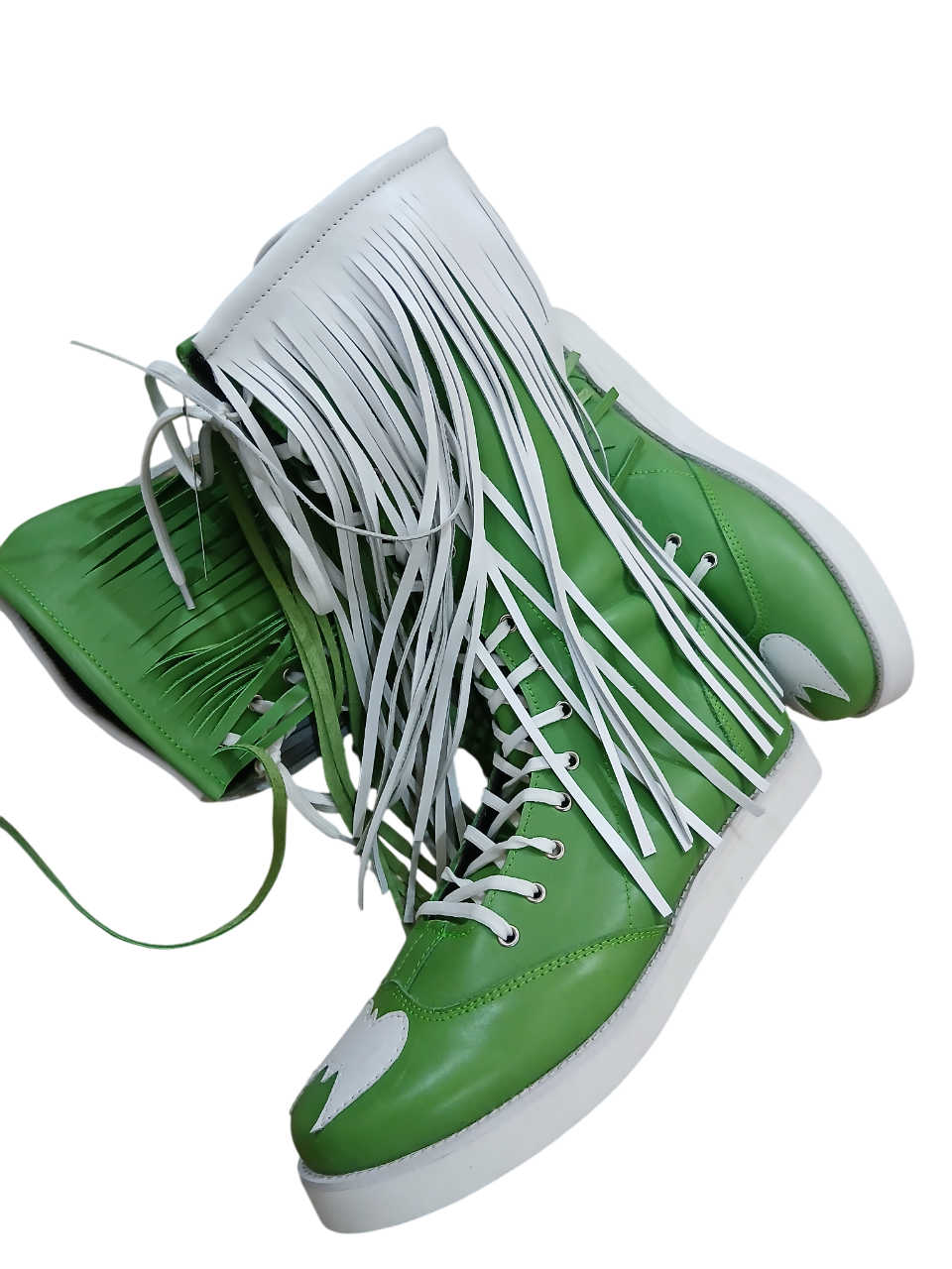 Pro Wrestling Boots with long Leather Fringes , Green, Handmade, 100% Original Leather