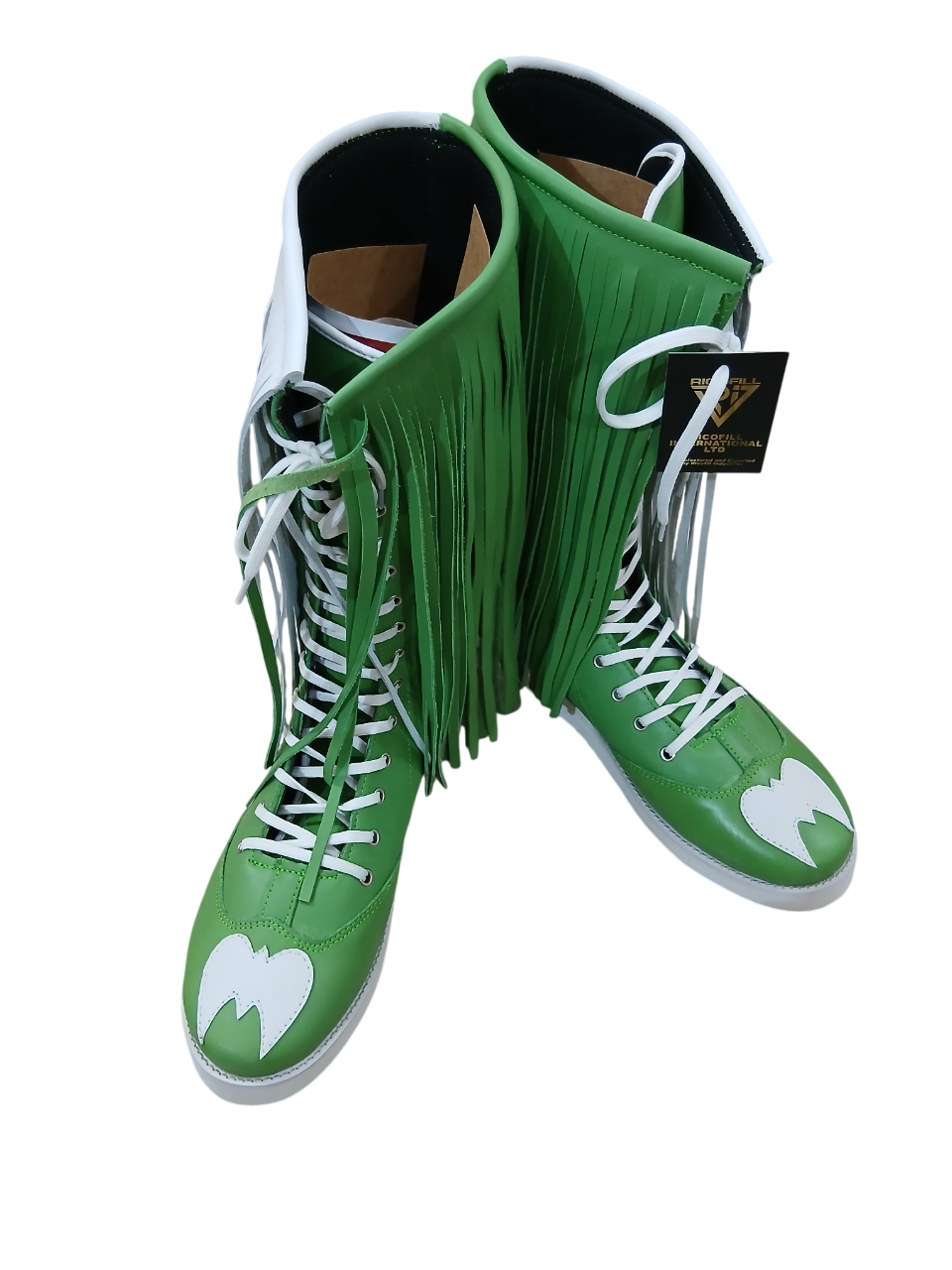 Pro Wrestling Boots with long Leather Fringes , Green, Handmade, 100% Original Leather