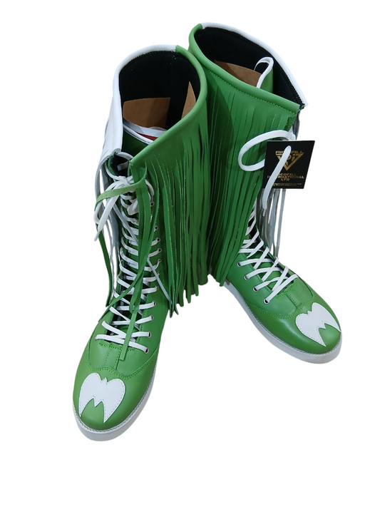 Pro Wrestling Boots with long Leather Fringes , Green, Handmade, 100% Original Leather
