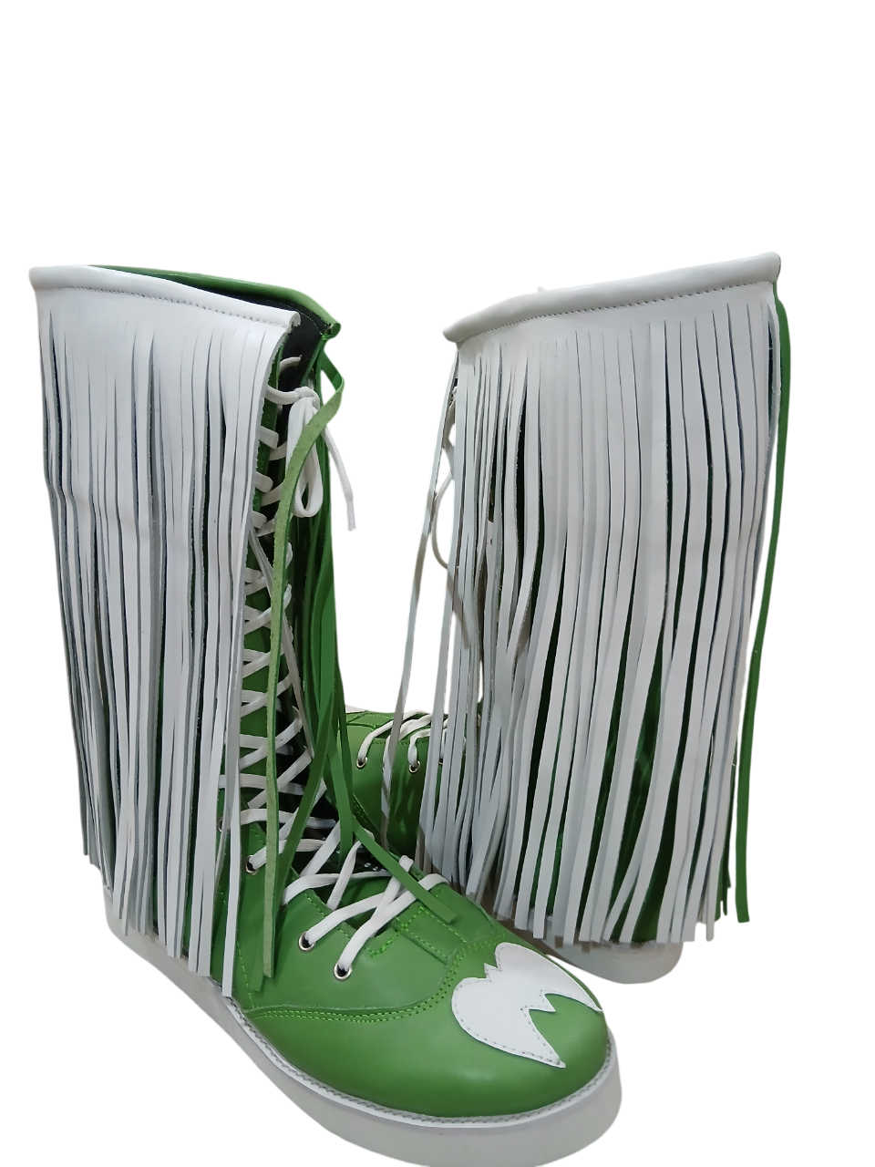Pro Wrestling Boots with long Leather Fringes , Green, Handmade, 100% Original Leather