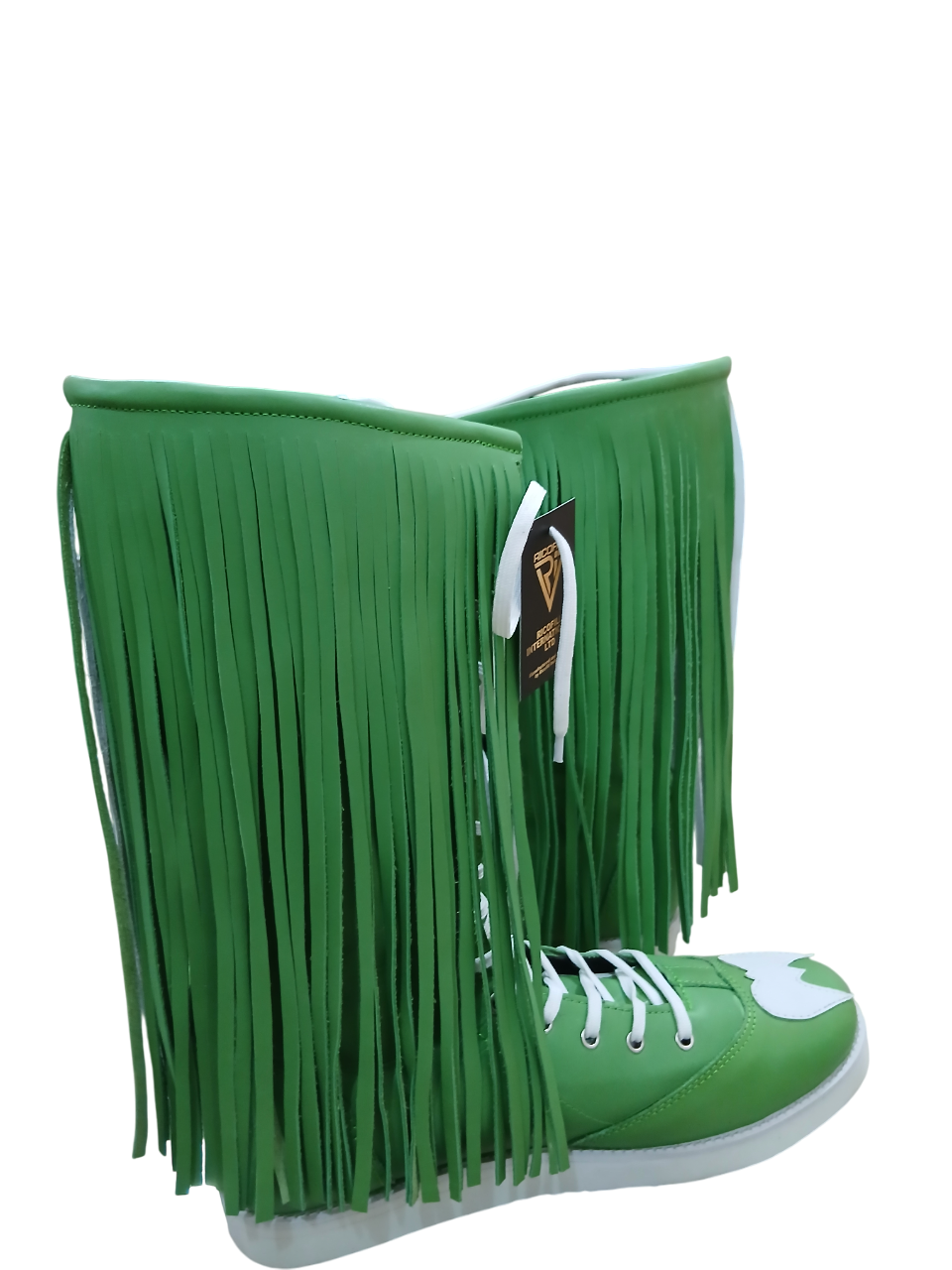 Pro Wrestling Boots with long Leather Fringes , Green, Handmade, 100% Original Leather