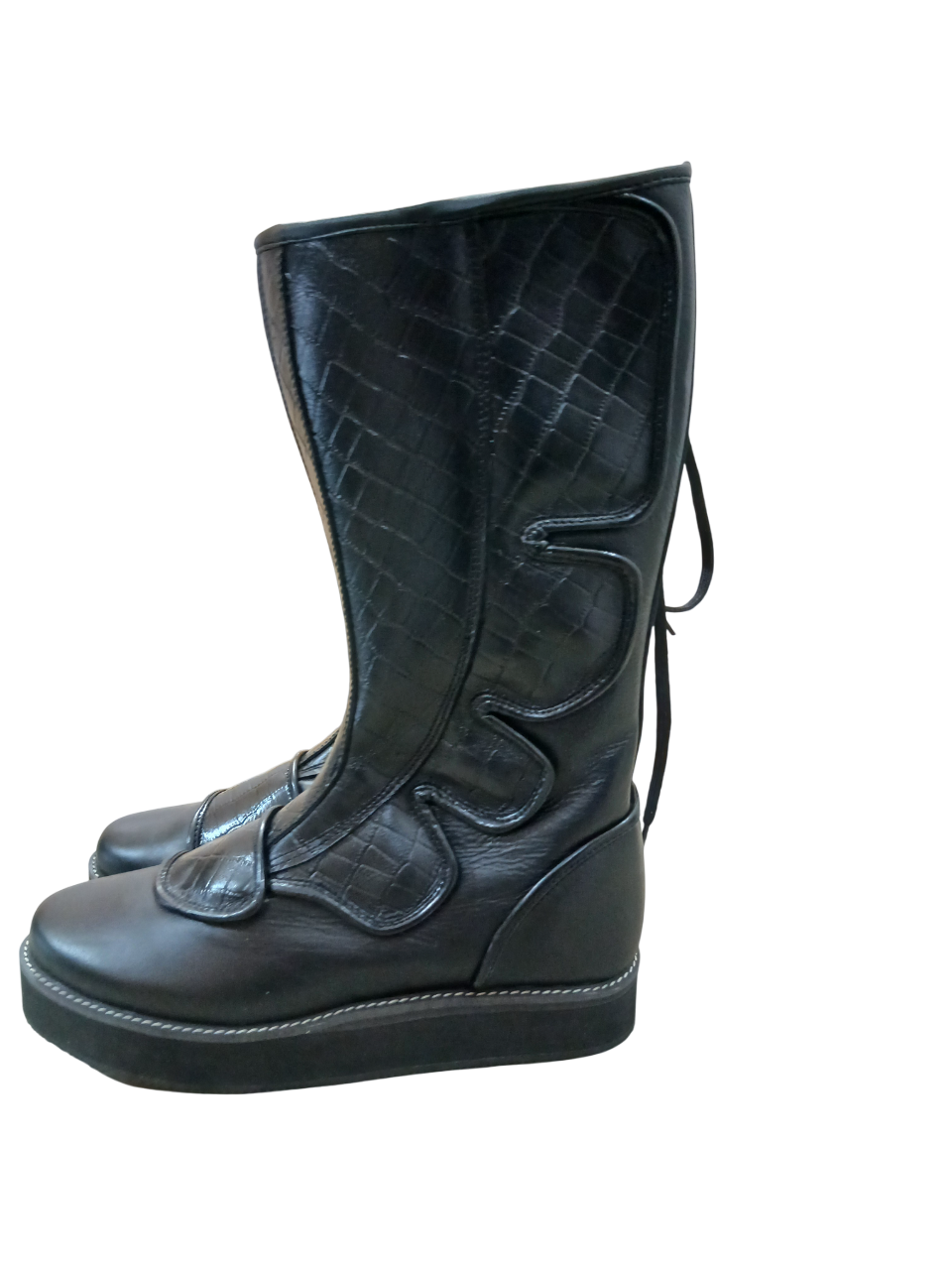 Handmade Leather Wrestling Boots: Black Textured, Laces, Hook and Loop