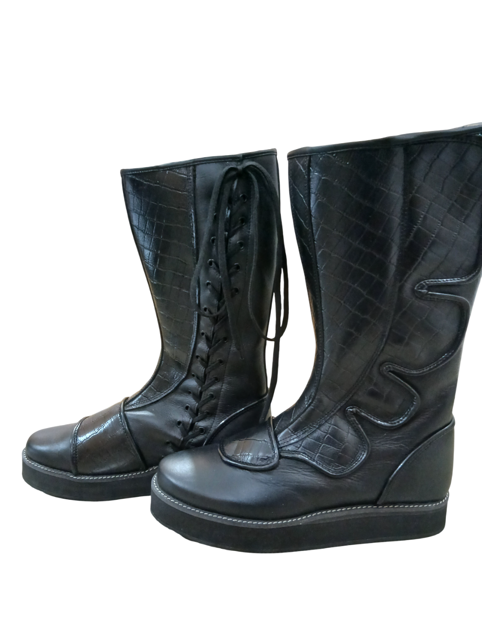 Handmade Leather Wrestling Boots: Black Textured, Laces, Hook and Loop