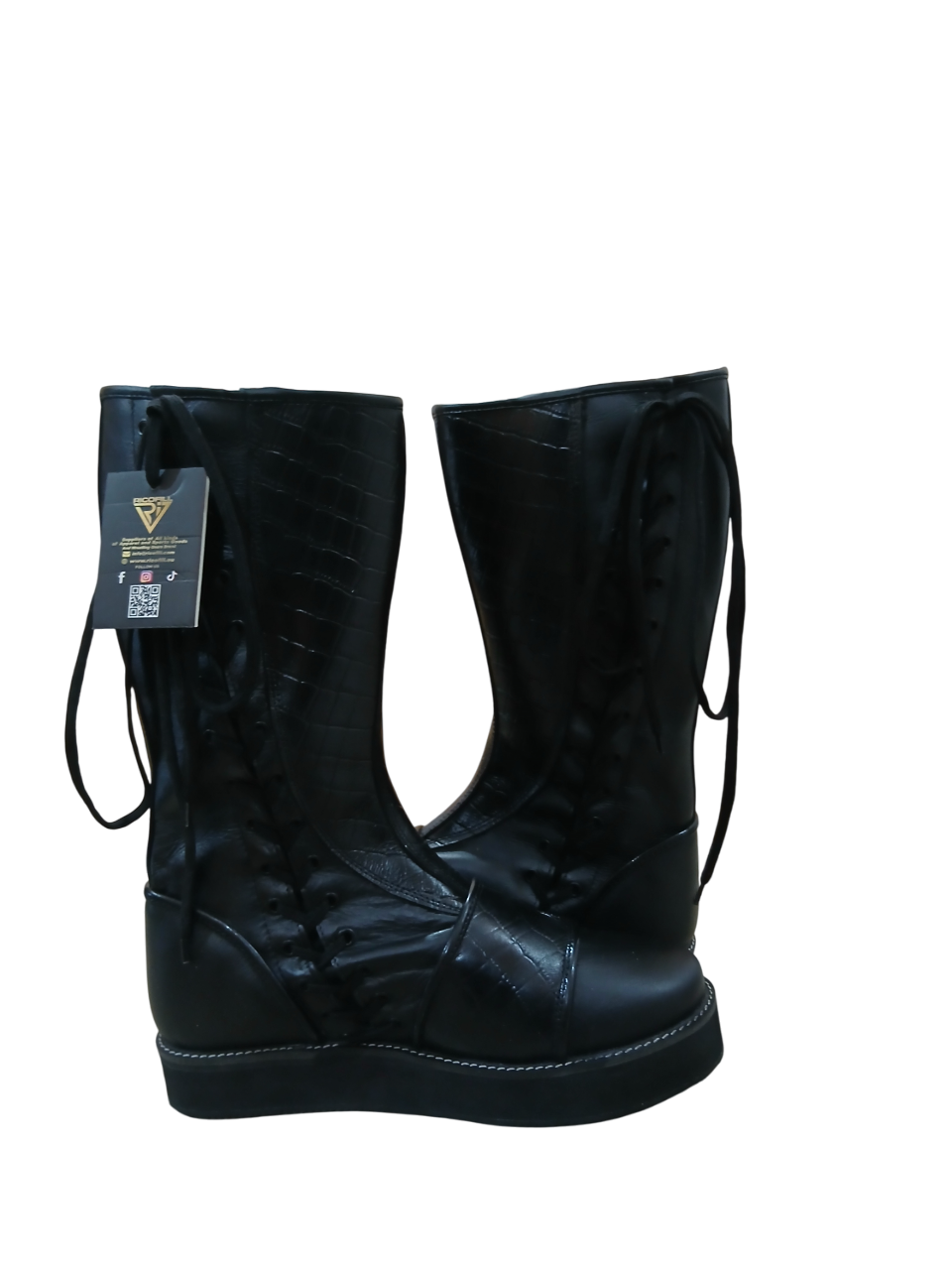 Handmade Leather Wrestling Boots: Black Textured, Laces, Hook and Loop