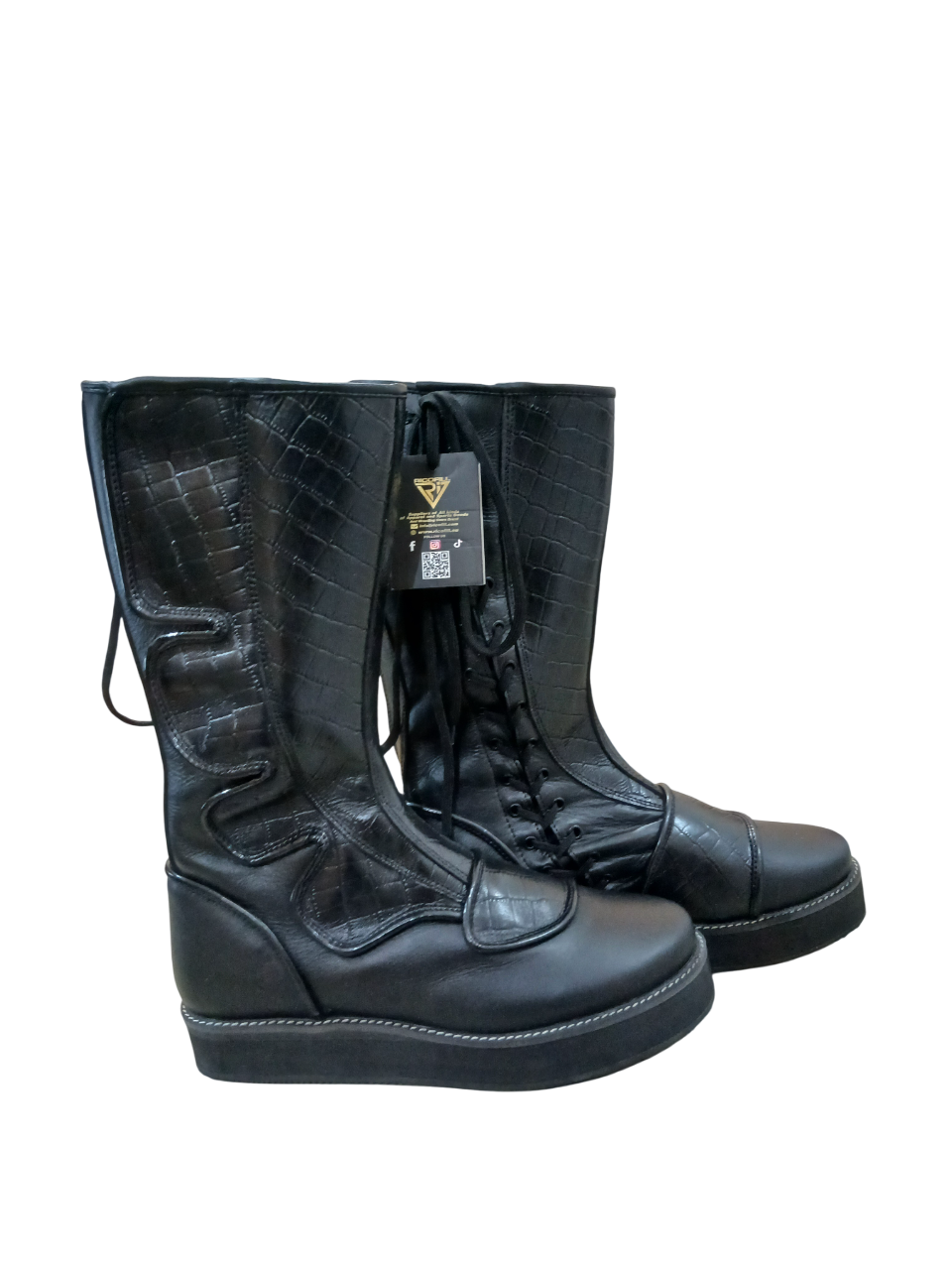 Handmade Leather Wrestling Boots: Black Textured, Laces, Hook and Loop