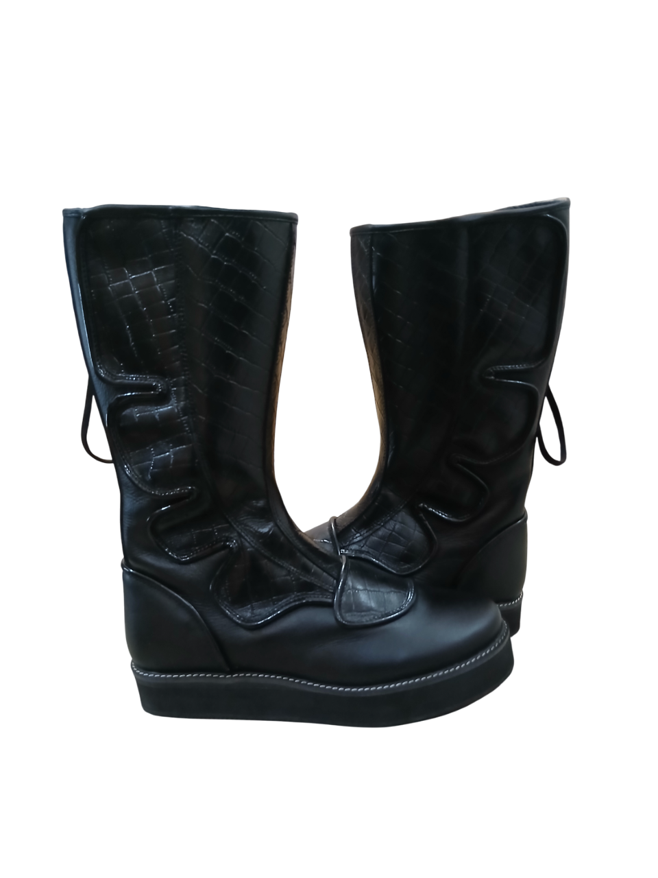Handmade Leather Wrestling Boots: Black Textured, Laces, Hook and Loop